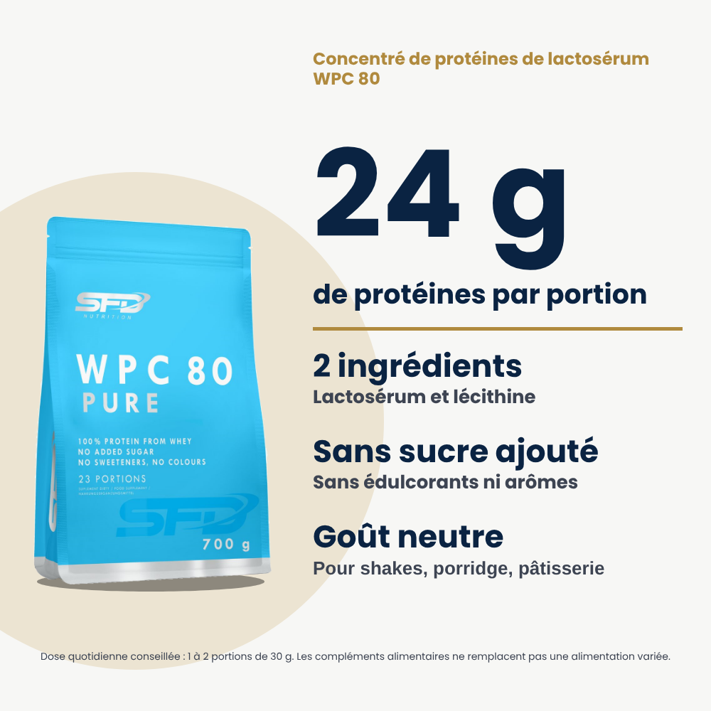 Whey Protein WPC 80 Pure SFD Nutrition 700 g : 24 g de protéines par portion, 79 g pour 100 g, 23 portions