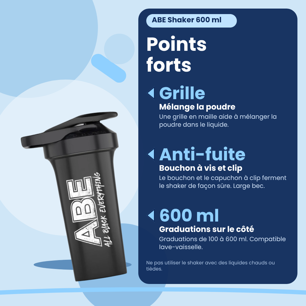 ABE Shaker Applied Nutrition (600 ml), key features (French version)