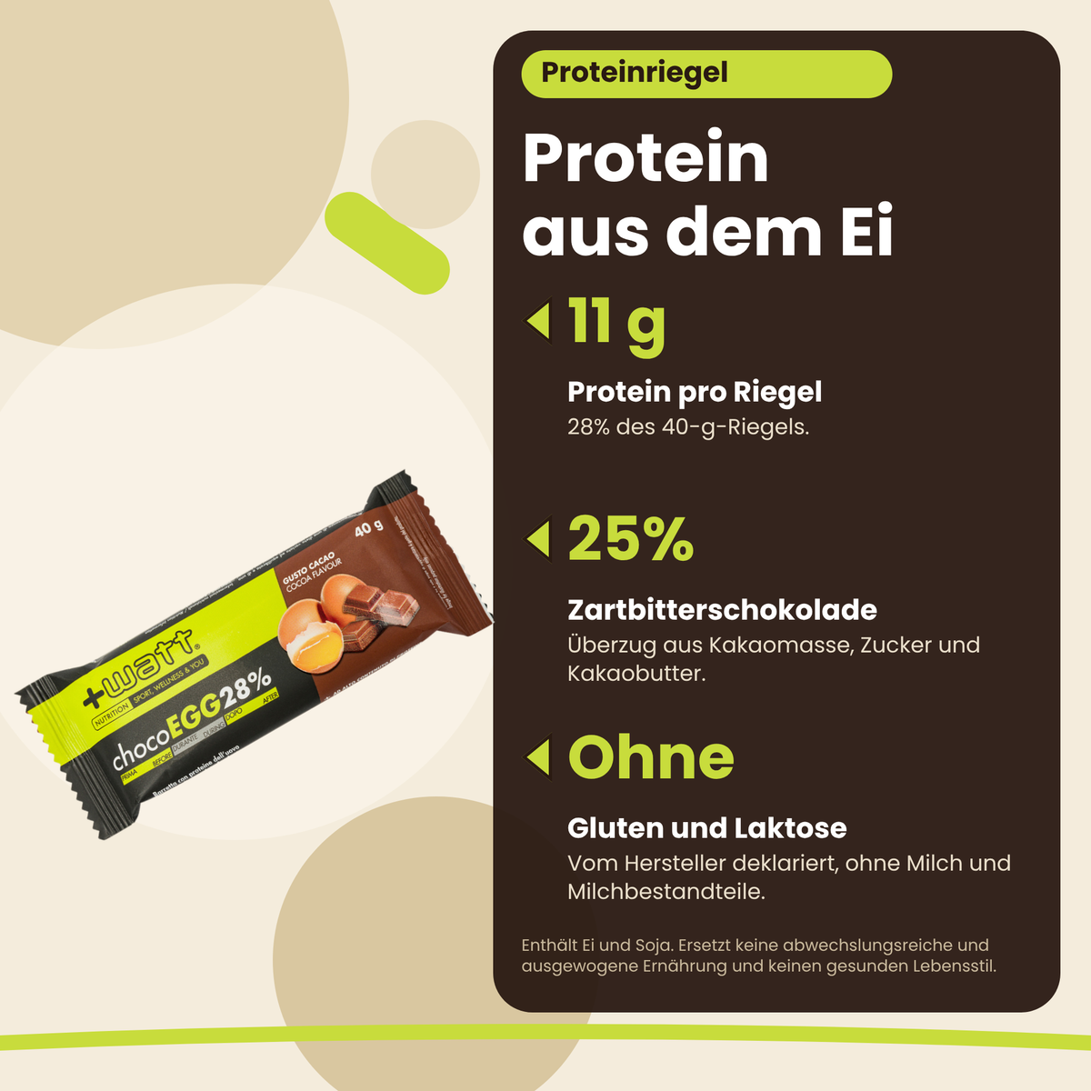 Barretta proteica all'uovo Choco Egg 28% +Watt 40 g, benefici: 11 g di proteine, 25% cioccolato fondente, senza glutine e lattosio