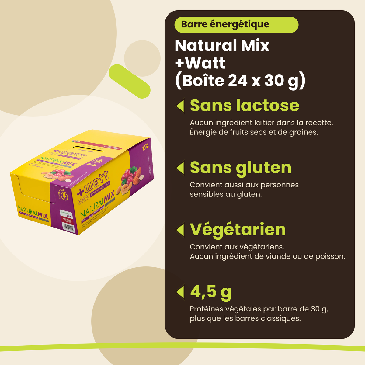 Energieriegel Natural Mix +Watt (Box 24 x 30 g), Vorteile: laktosefrei, glutenfrei, vegetarisch, 4,5 g Eiweiss, FR