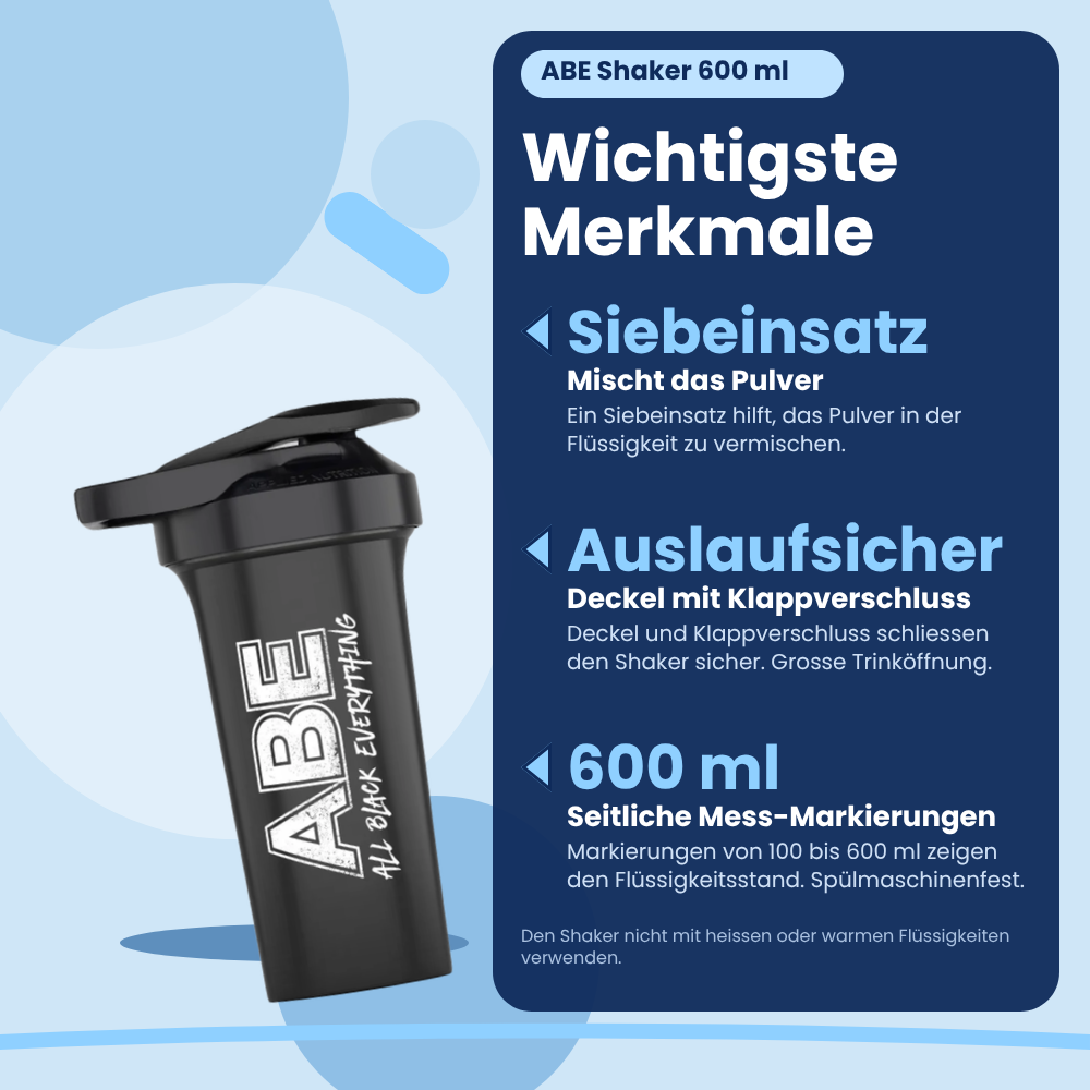 ABE Shaker Applied Nutrition (600 ml), key features (German version)