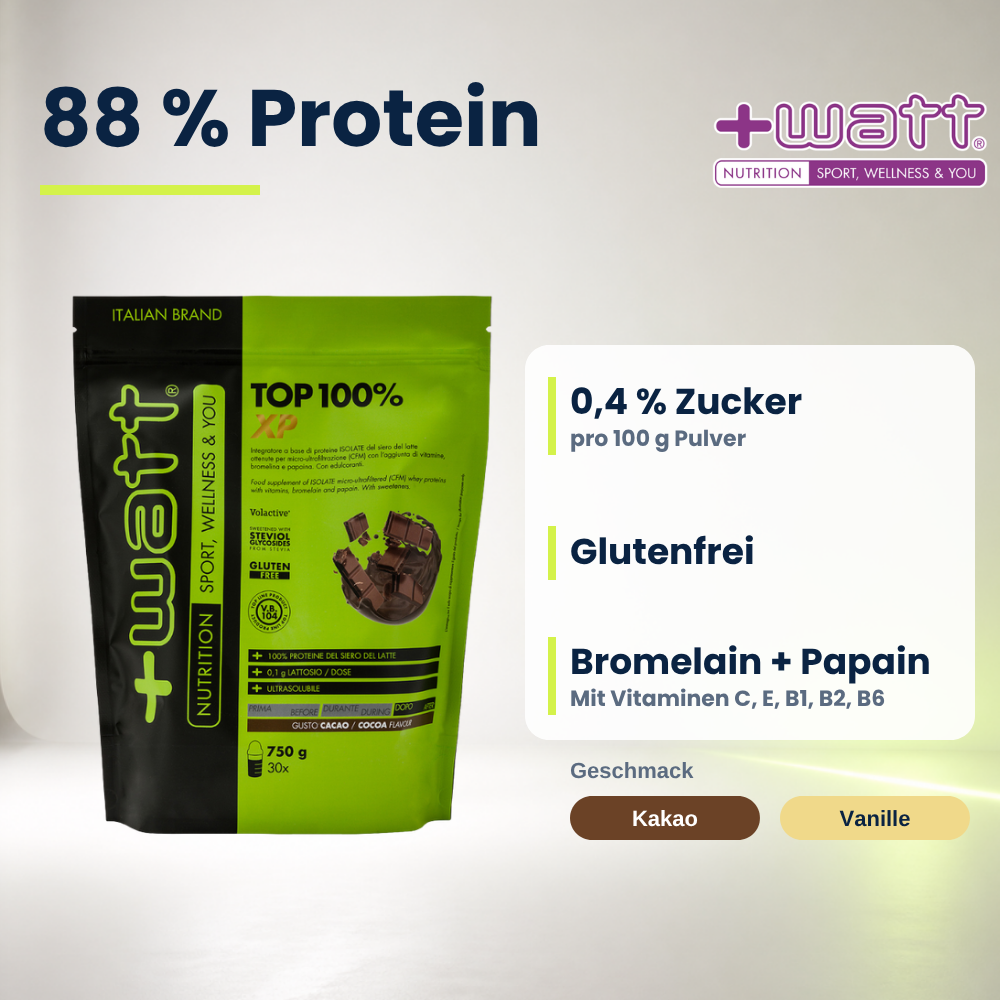 Whey Protein Isolate Top 100% XP +Watt 750 g: 88 % Protein, glutenfrei, 0,4 % Zucker, Bromelain und Papain