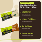 Light Protein+ Bar 30% +Watt (45 g), wichtigste Vorteile: vegetarisch, 14 g Protein, 5 g Ballaststoffe, wenig Zucker, französische Version