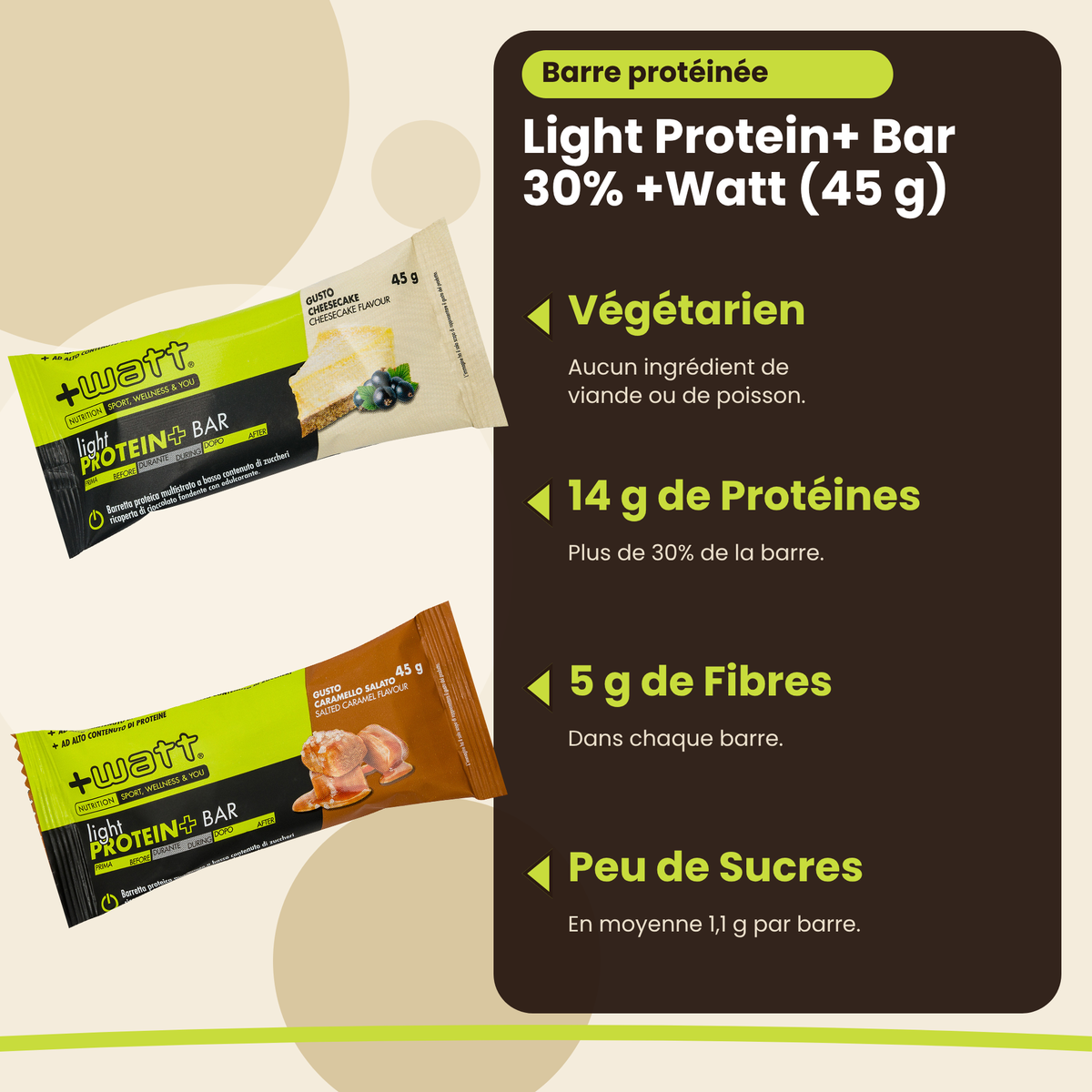 Light Protein+ Bar 30% +Watt (45 g), wichtigste Vorteile: vegetarisch, 14 g Protein, 5 g Ballaststoffe, wenig Zucker, französische Version