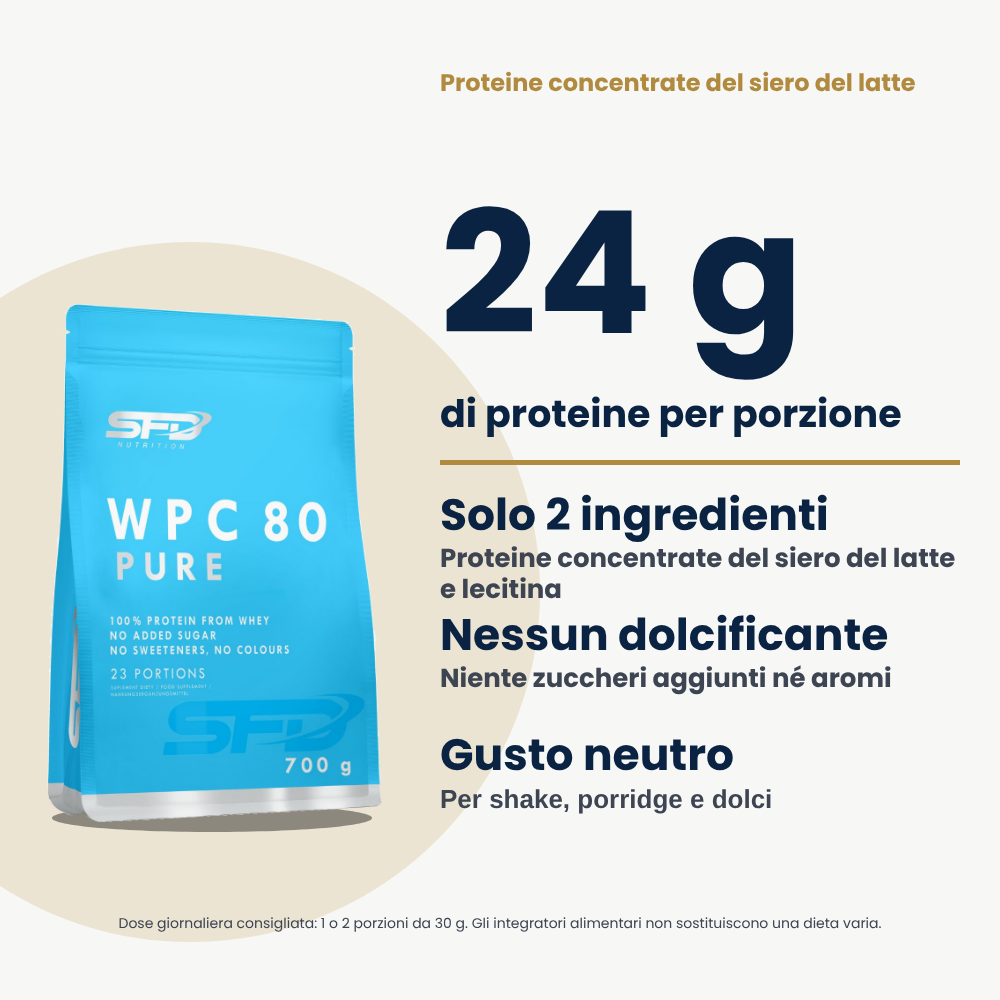 Whey Protein WPC 80 Pure SFD Nutrition 700 g: 24 g di proteine per porzione, 79 g ogni 100 g, 23 porzioni