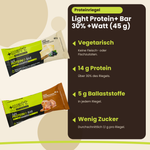 Light Protein+ Bar 30% +Watt (45 g), wichtigste Vorteile: vegetarisch, 14 g Protein, 5 g Ballaststoffe, wenig Zucker, deutsche Version