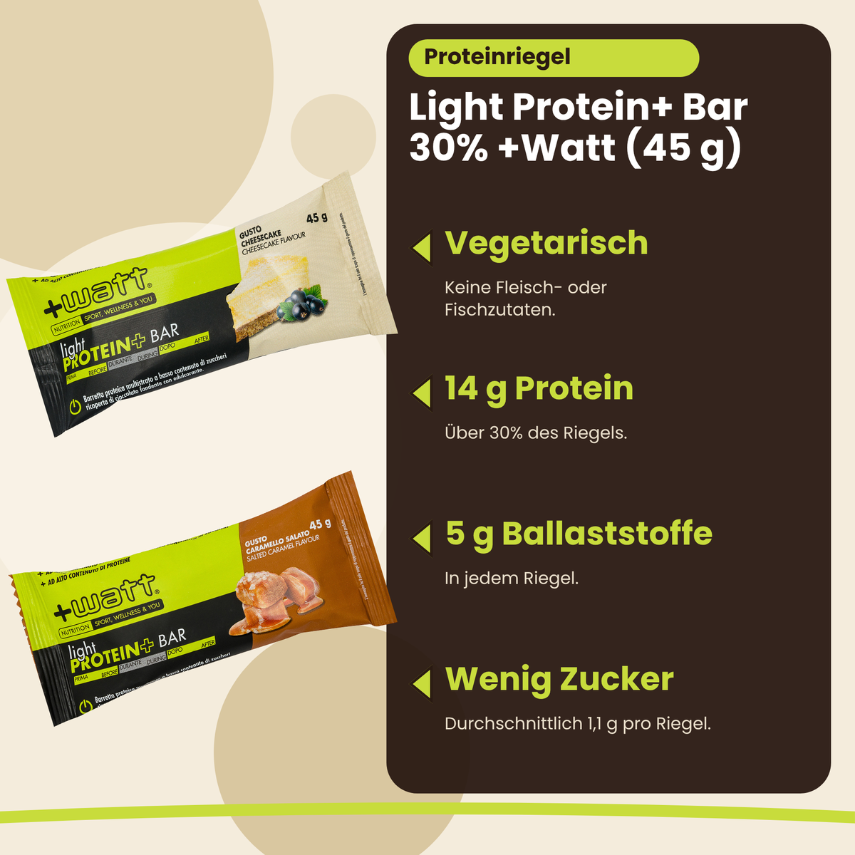 Light Protein+ Bar 30% +Watt (45 g), wichtigste Vorteile: vegetarisch, 14 g Protein, 5 g Ballaststoffe, wenig Zucker, deutsche Version