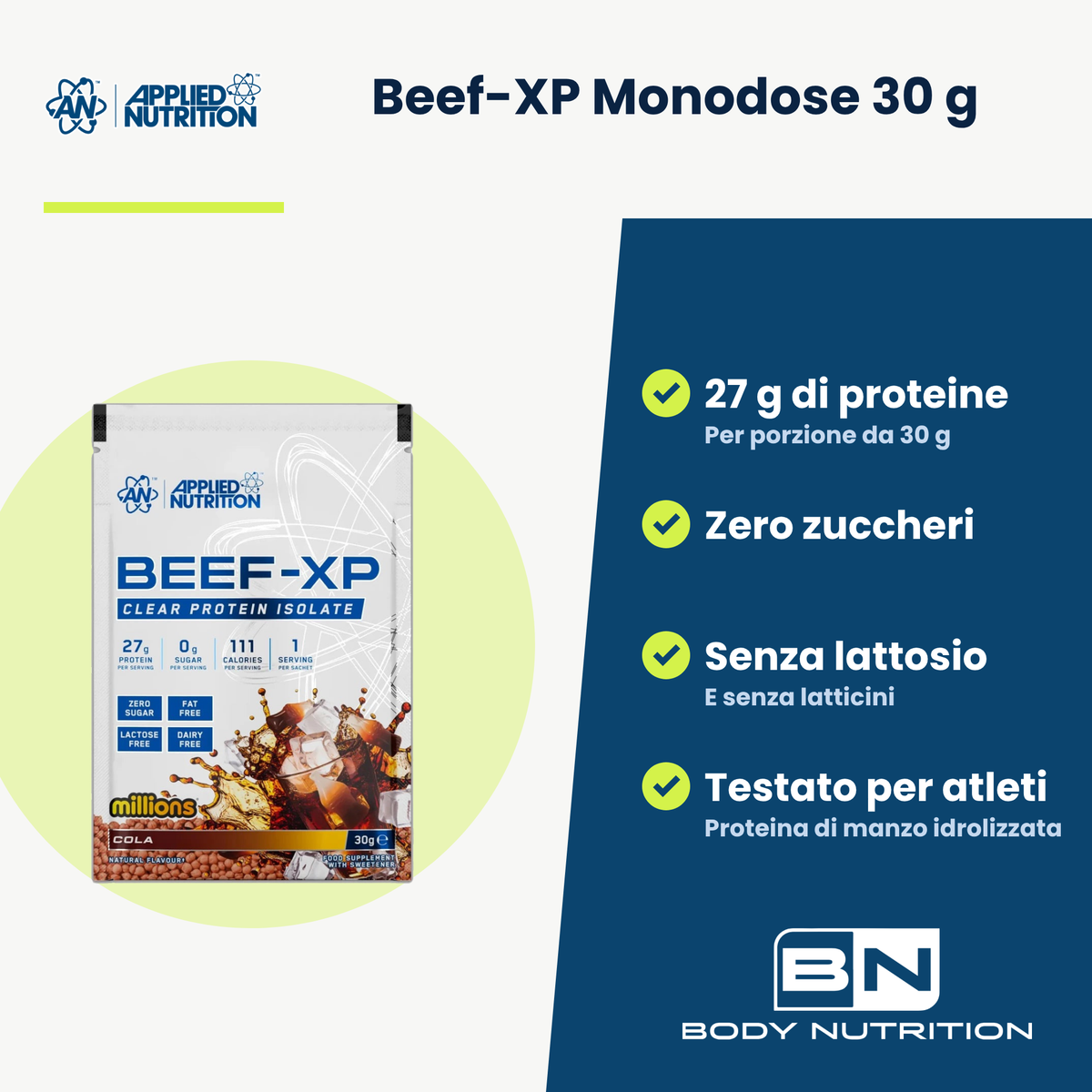 Beef-XP Applied Nutrition Sachet 30 g, wichtigste Vorteile auf Italienisch