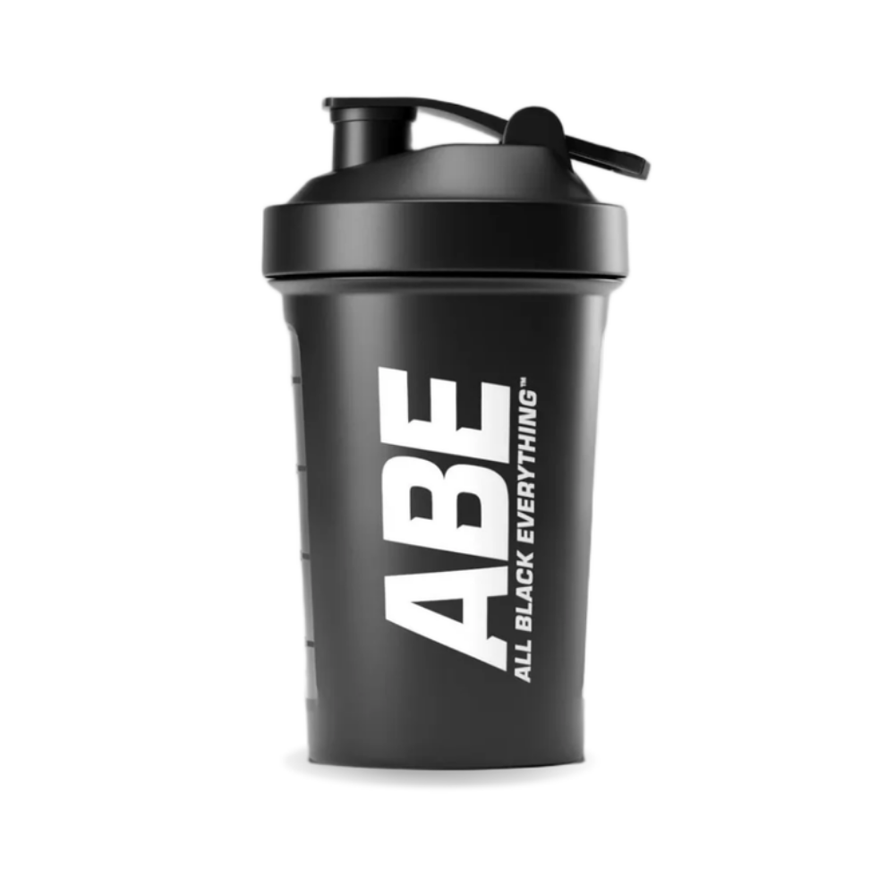 ABE Shaker Applied Nutrition 400 ml, schwarz mit weissem ABE-Logo, Vorderansicht