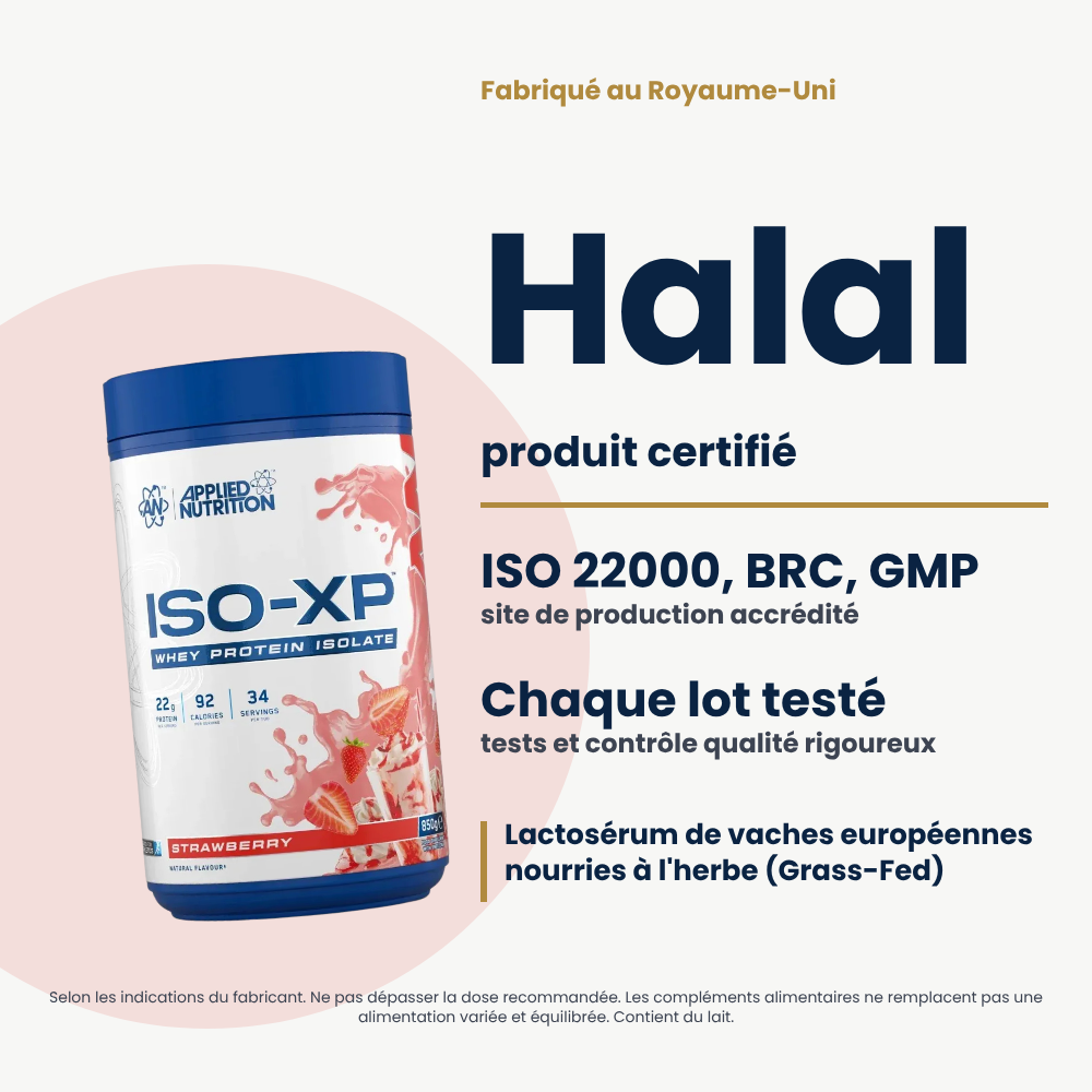 ISO-XP Whey Protein Isolate Applied Nutrition 850 g, vom Hersteller angegebene Zertifizierungen auf Französisch
