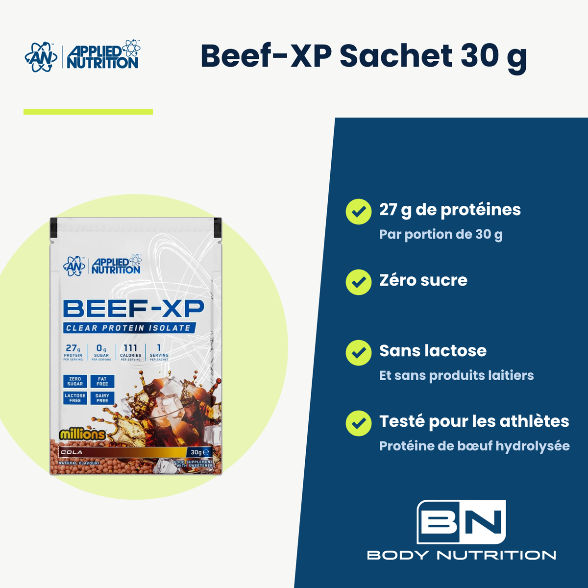 Beef-XP Applied Nutrition Sachet 30 g, wichtigste Vorteile auf Französisch