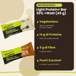 Light Protein+ Bar 30% +Watt (45 g), wichtigste Vorteile: vegetarisch, 14 g Protein, 5 g Ballaststoffe, wenig Zucker, italienische Version