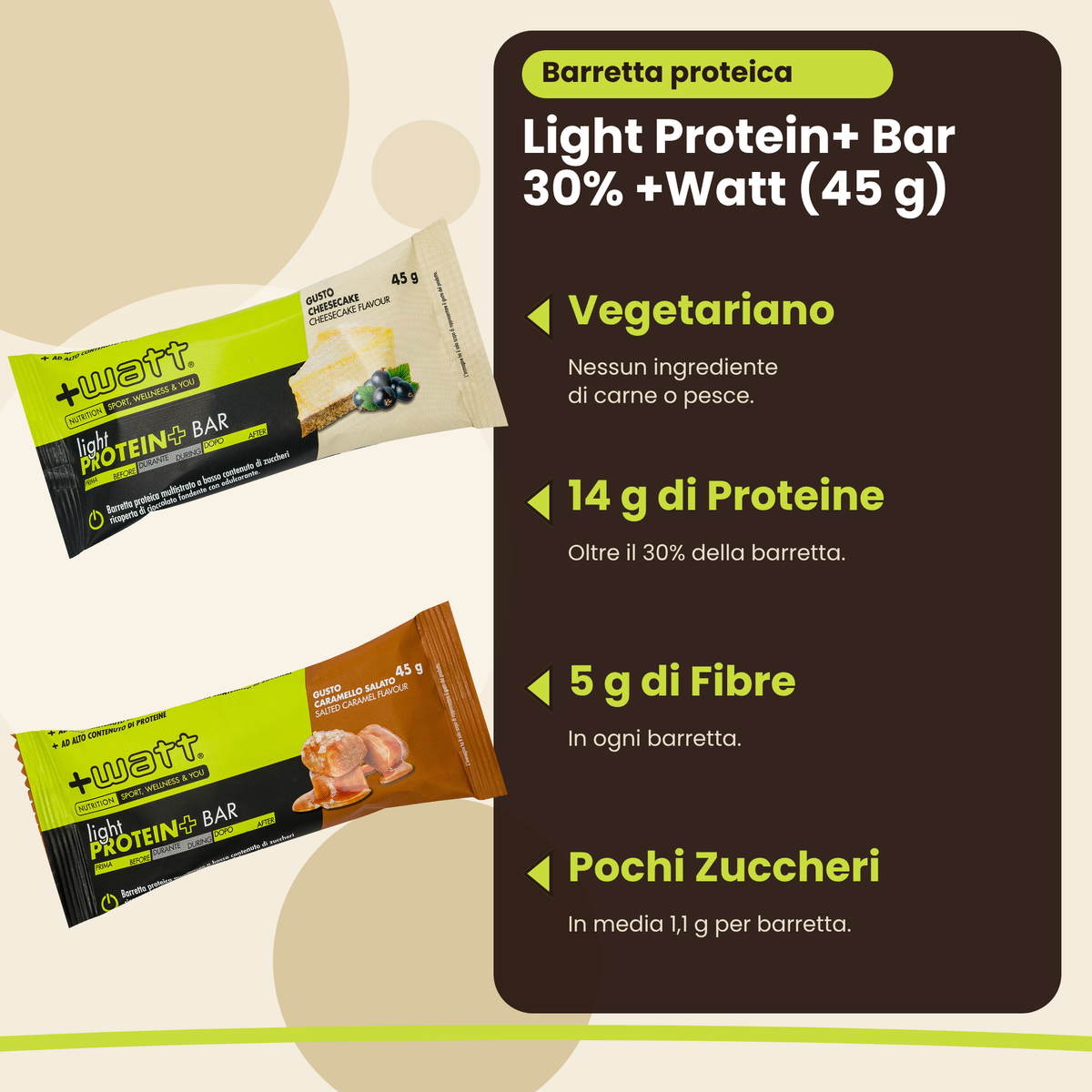 Light Protein+ Bar 30% +Watt (45 g), wichtigste Vorteile: vegetarisch, 14 g Protein, 5 g Ballaststoffe, wenig Zucker, italienische Version
