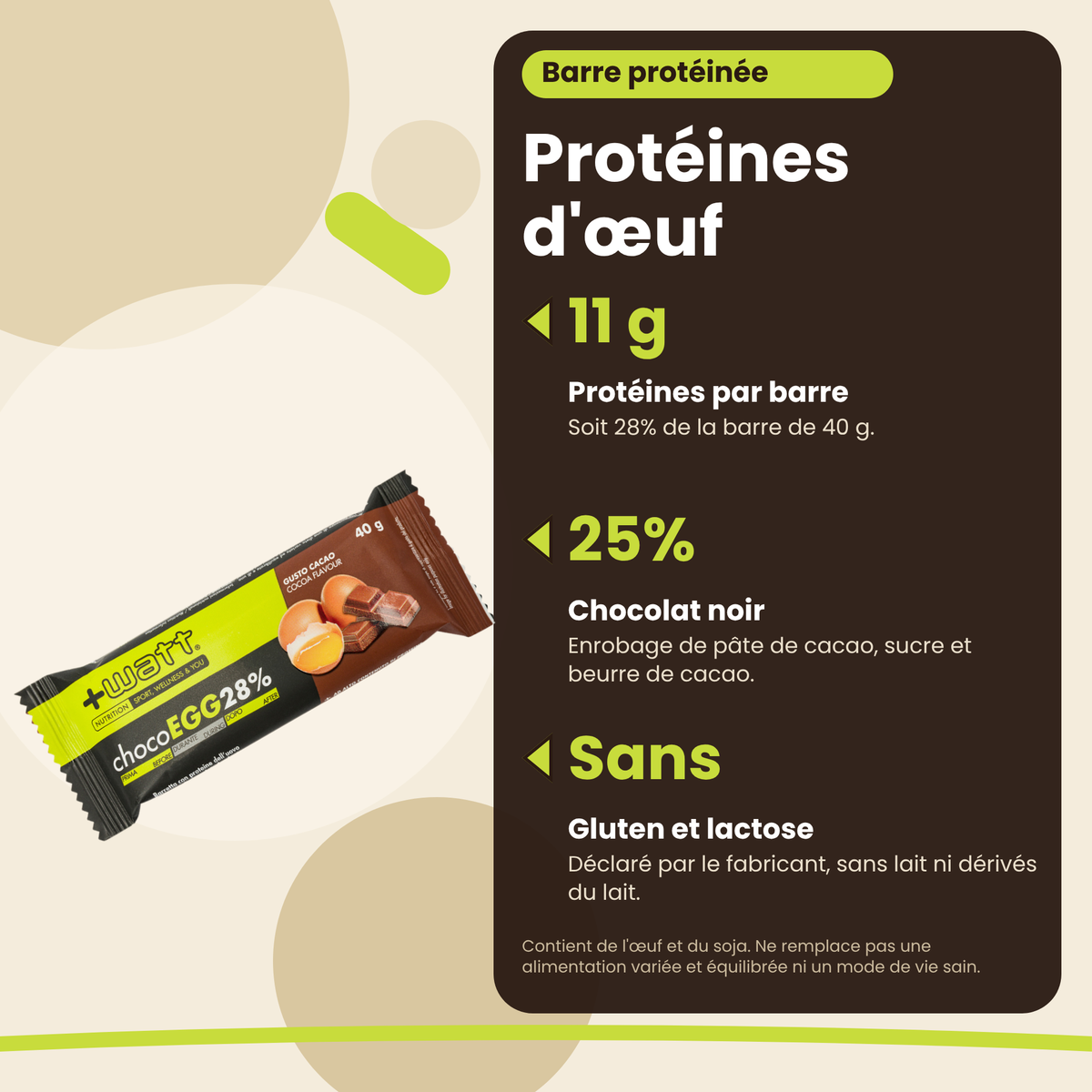 Barretta proteica all'uovo Choco Egg 28% +Watt 40 g, benefici: 11 g di proteine, 25% cioccolato fondente, senza glutine e lattosio
