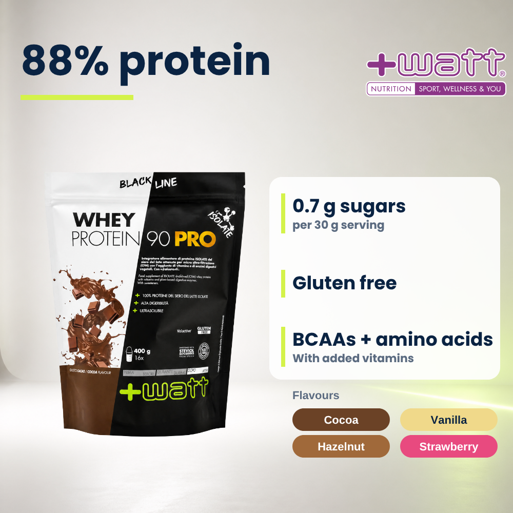 Whey Protein Isolate 90 PRO +Watt 400 g, 88% Protein pro 100 g, englische Version