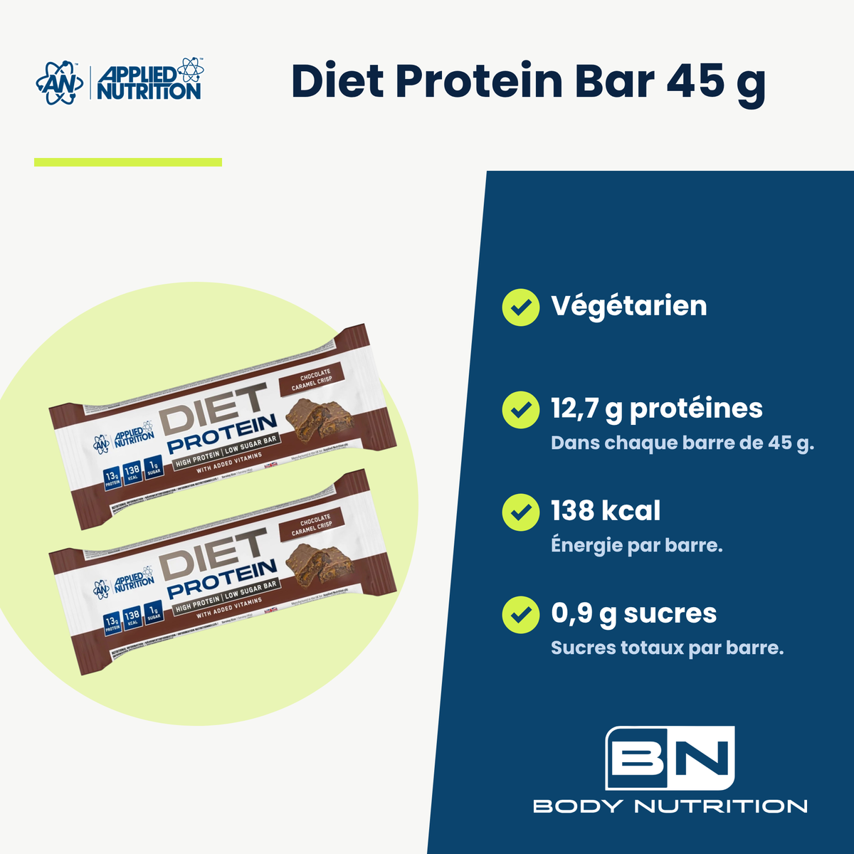 Diet Protein Bar Applied Nutrition (45 g), Hauptvorteile: vegetarisch, 12,7 g Protein, 138 kcal, 0,9 g Zucker, französische Version