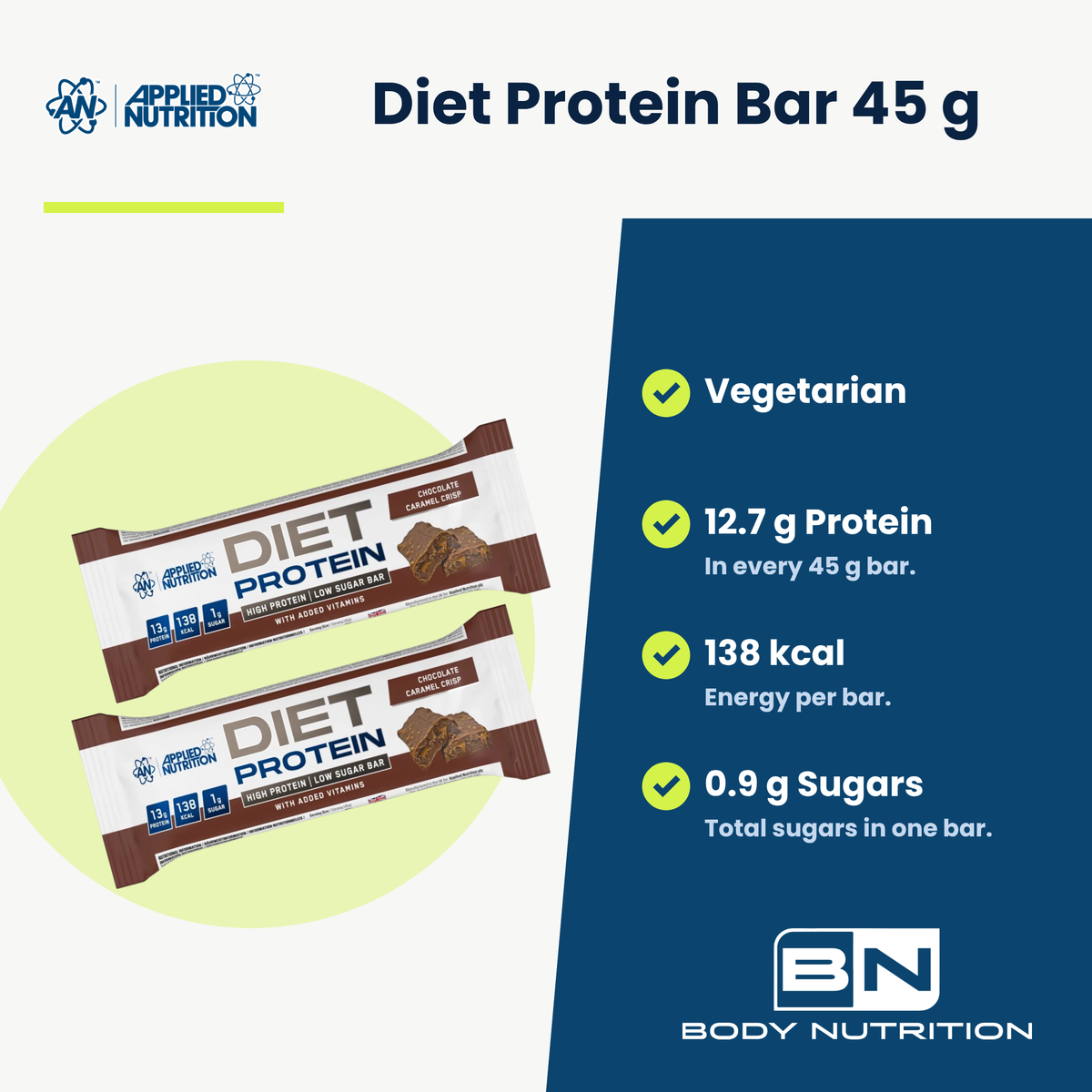 Diet Protein Bar Applied Nutrition (45 g), Hauptvorteile: vegetarisch, 12,7 g Protein, 138 kcal, 0,9 g Zucker, englische Version