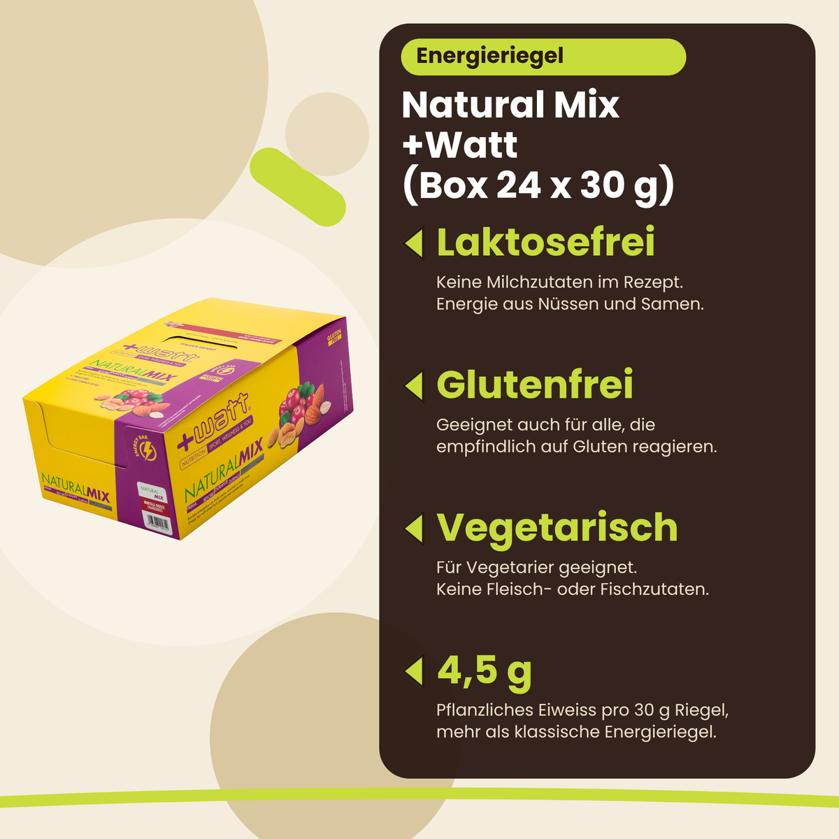 Energieriegel Natural Mix +Watt (Box 24 x 30 g), Vorteile: laktosefrei, glutenfrei, vegetarisch, 4,5 g Eiweiss, DE
