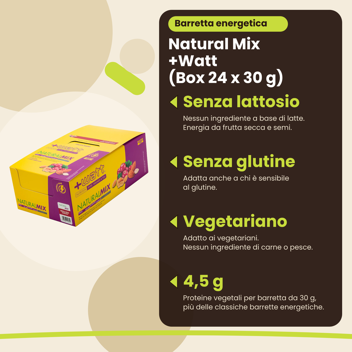 Energieriegel Natural Mix +Watt (Box 24 x 30 g), Vorteile: laktosefrei, glutenfrei, vegetarisch, 4,5 g Eiweiss, IT