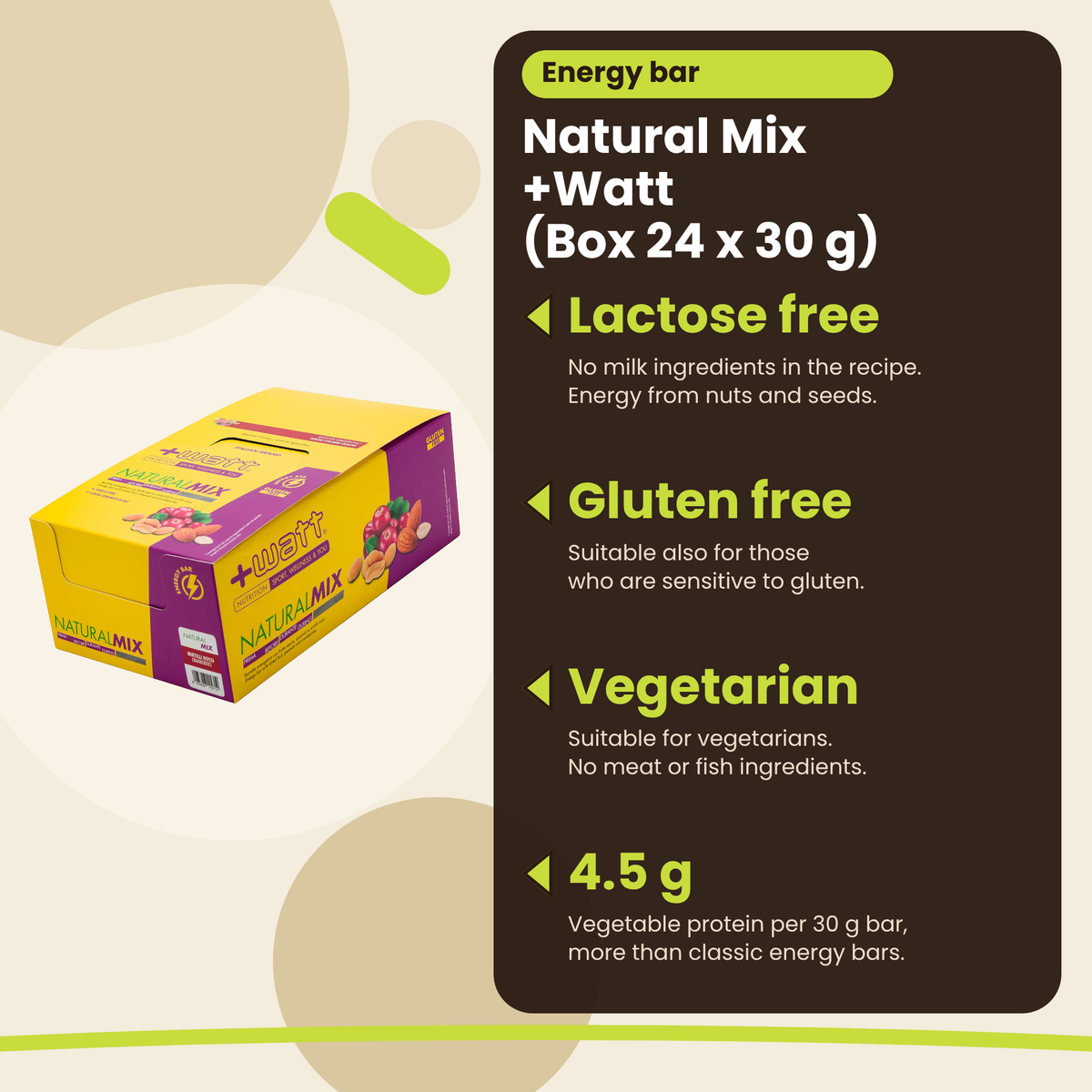 Energieriegel Natural Mix +Watt (Box 24 x 30 g), Vorteile: laktosefrei, glutenfrei, vegetarisch, 4,5 g Eiweiss, EN