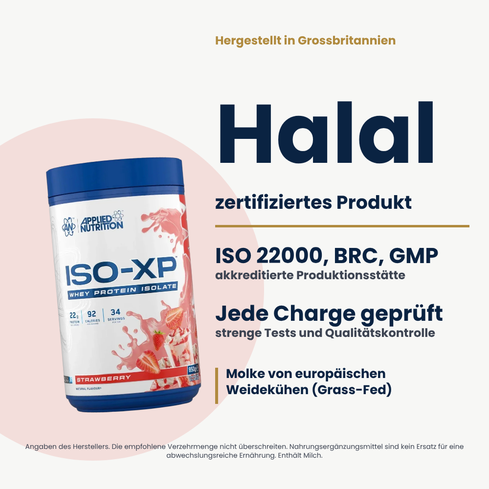ISO-XP Whey Protein Isolate Applied Nutrition 850 g, vom Hersteller angegebene Zertifizierungen auf Deutsch