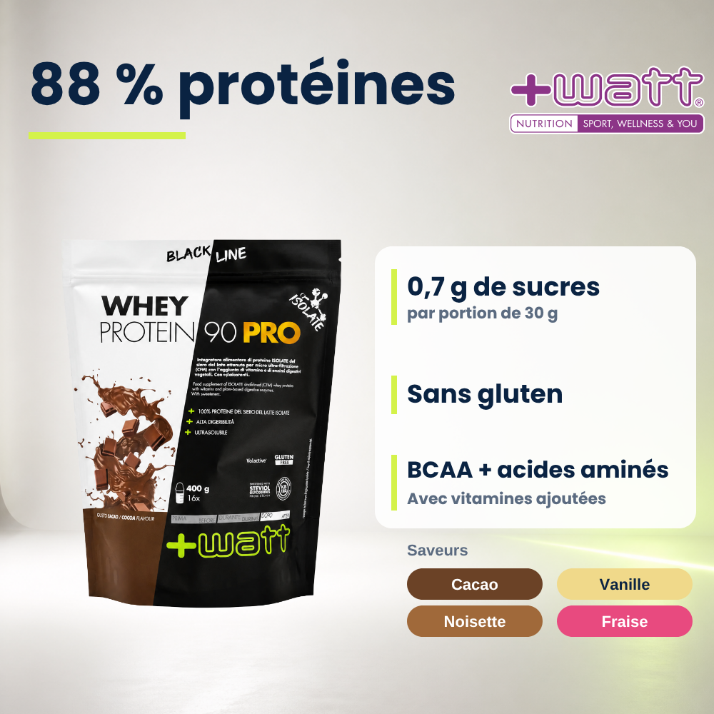 Whey Protein Isolate 90 PRO +Watt 400 g, 88% Protein pro 100 g, französische Version