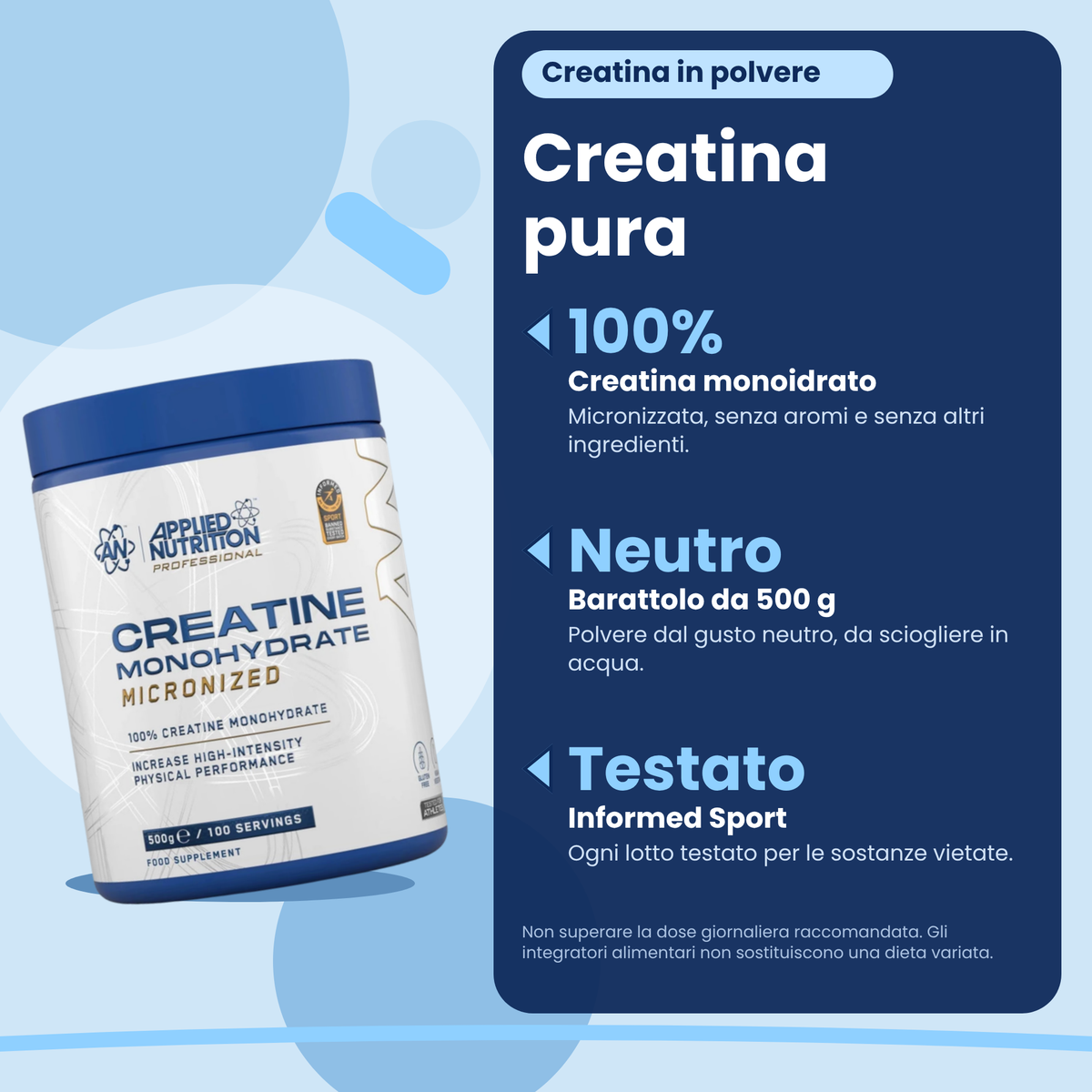 Creatine Monohydrate Applied Nutrition 500 g, key facts (Italian)