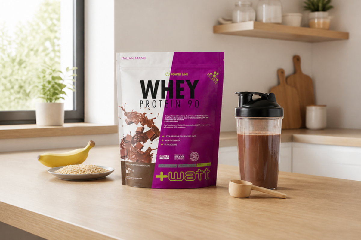 Whey Protein Isolate 90 +Watt 750 g in einer hellen Küche mit Schoko-Proteinshake
