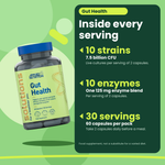 Gut Health Applied Nutrition 60 capsules jar with key facts per serving