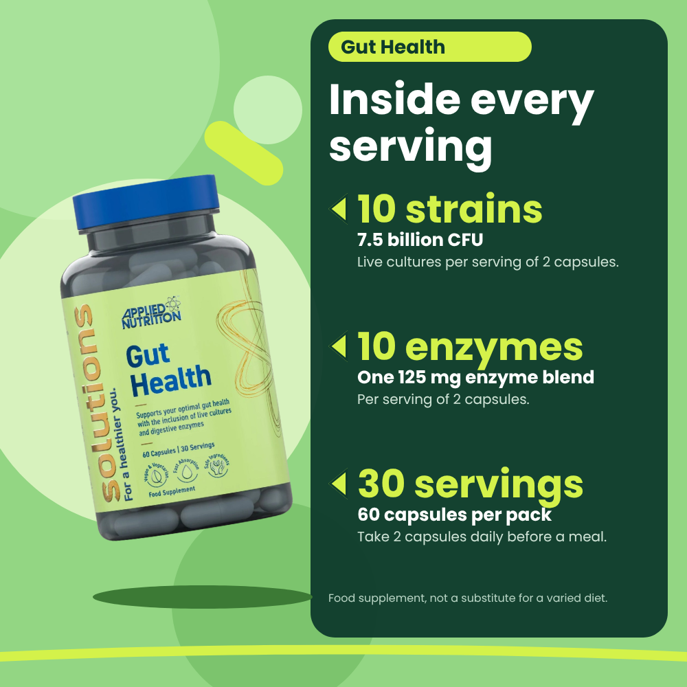 Gut Health Applied Nutrition 60 capsules jar with key facts per serving