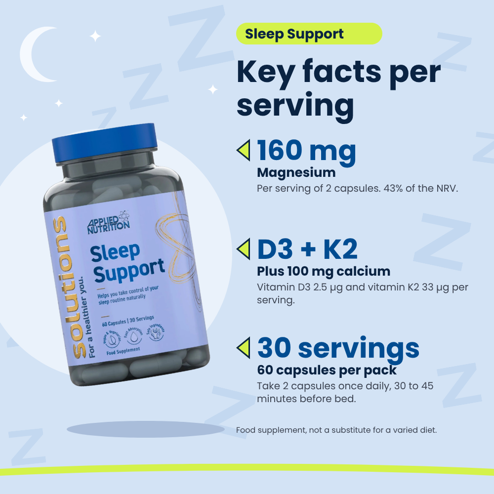 Sleep Support Applied Nutrition key facts per serving: 160 mg magnesium, vitamins D3 and K2 plus calcium, 30 servings