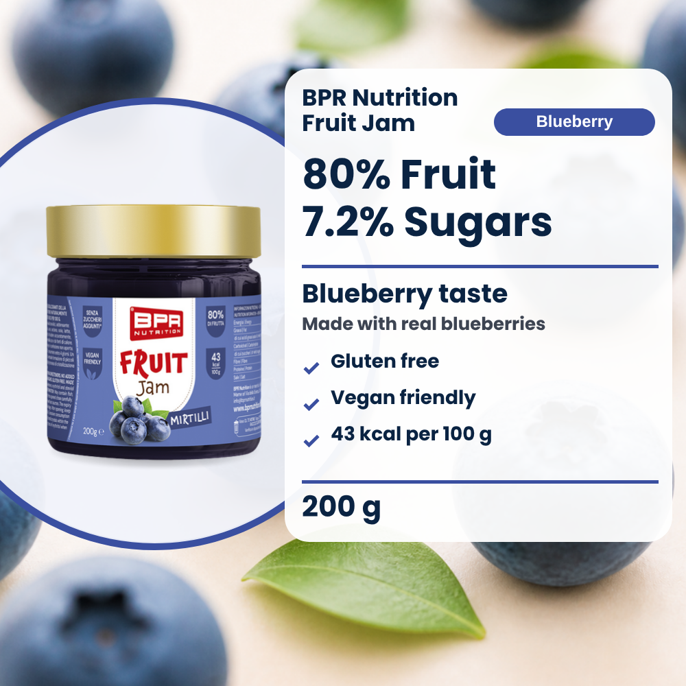 BPR Nutrition Fruit Jam Heidelbeere 200 g: 80% Frucht, 7.2% Zucker, glutenfrei, Heidelbeergeschmack (EN)