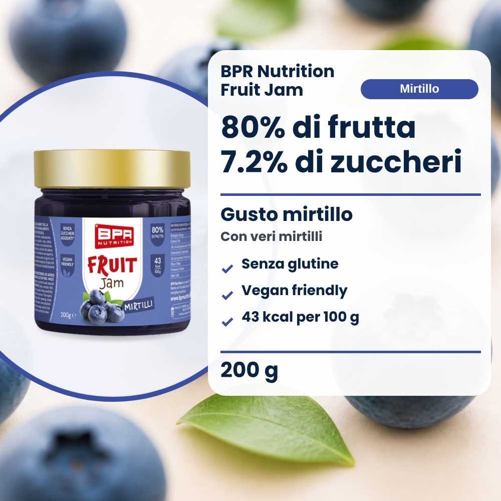BPR Nutrition Fruit Jam Heidelbeere 200 g: 80% Frucht, 7.2% Zucker, glutenfrei, Heidelbeergeschmack (IT)