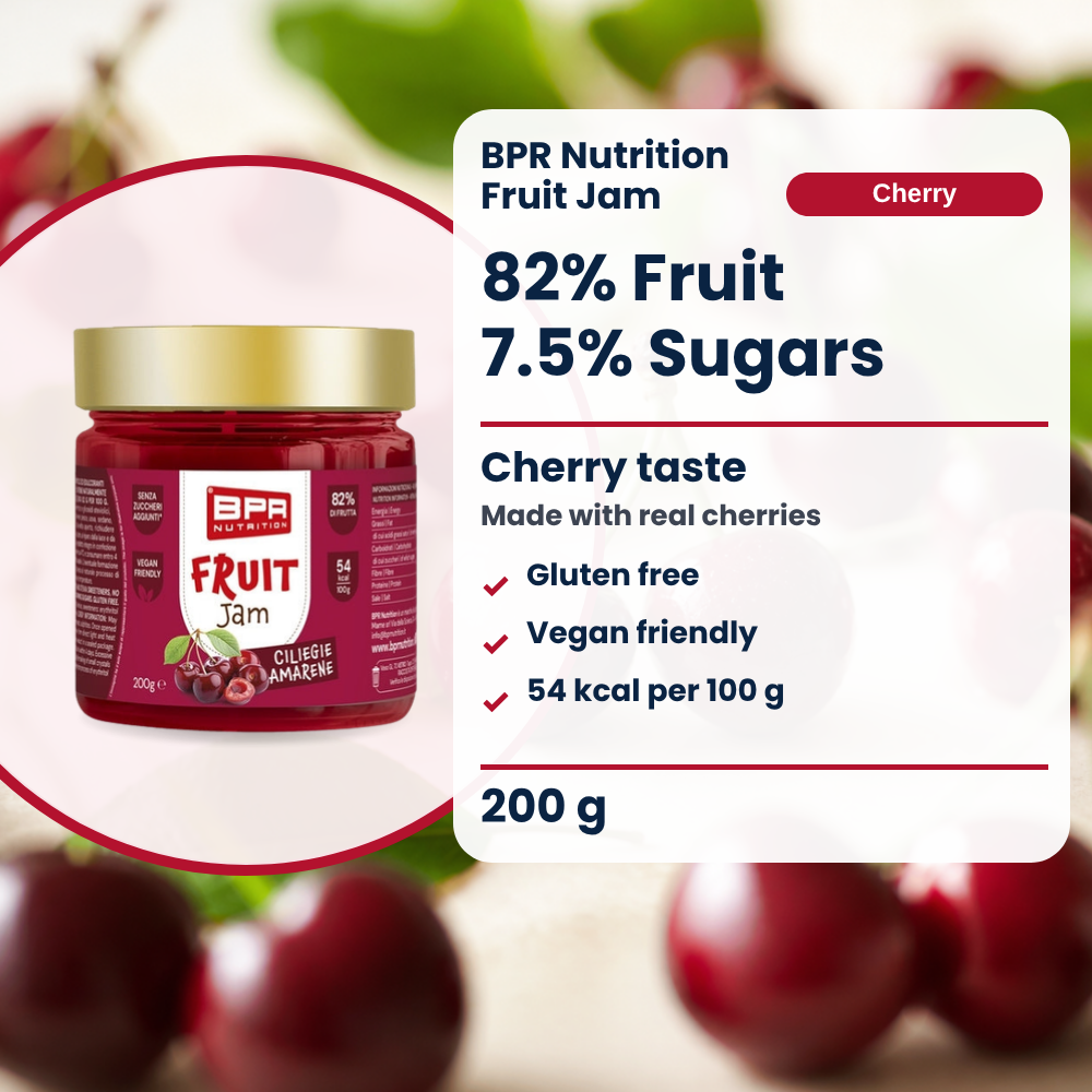 BPR Nutrition Fruit Jam Kirsche 200 g: 82% Frucht, 7.5% Zucker, glutenfrei, Kirschgeschmack (EN)