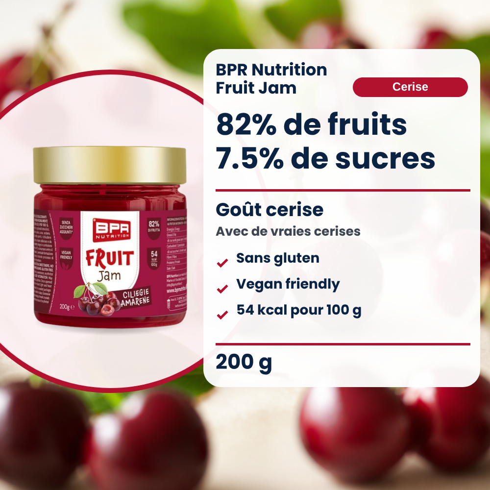 BPR Nutrition Fruit Jam Kirsche 200 g: 82% Frucht, 7.5% Zucker, glutenfrei, Kirschgeschmack (FR)
