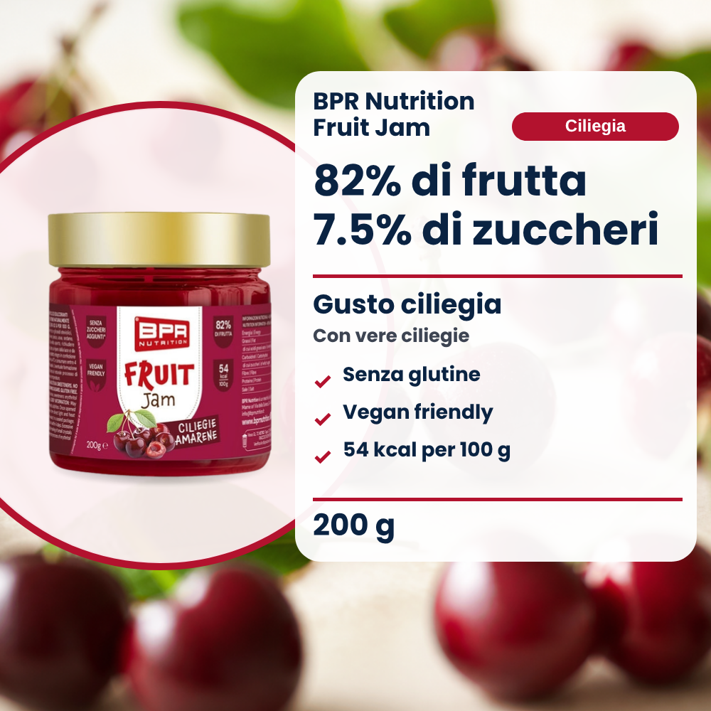 BPR Nutrition Fruit Jam Kirsche 200 g: 82% Frucht, 7.5% Zucker, glutenfrei, Kirschgeschmack (IT)