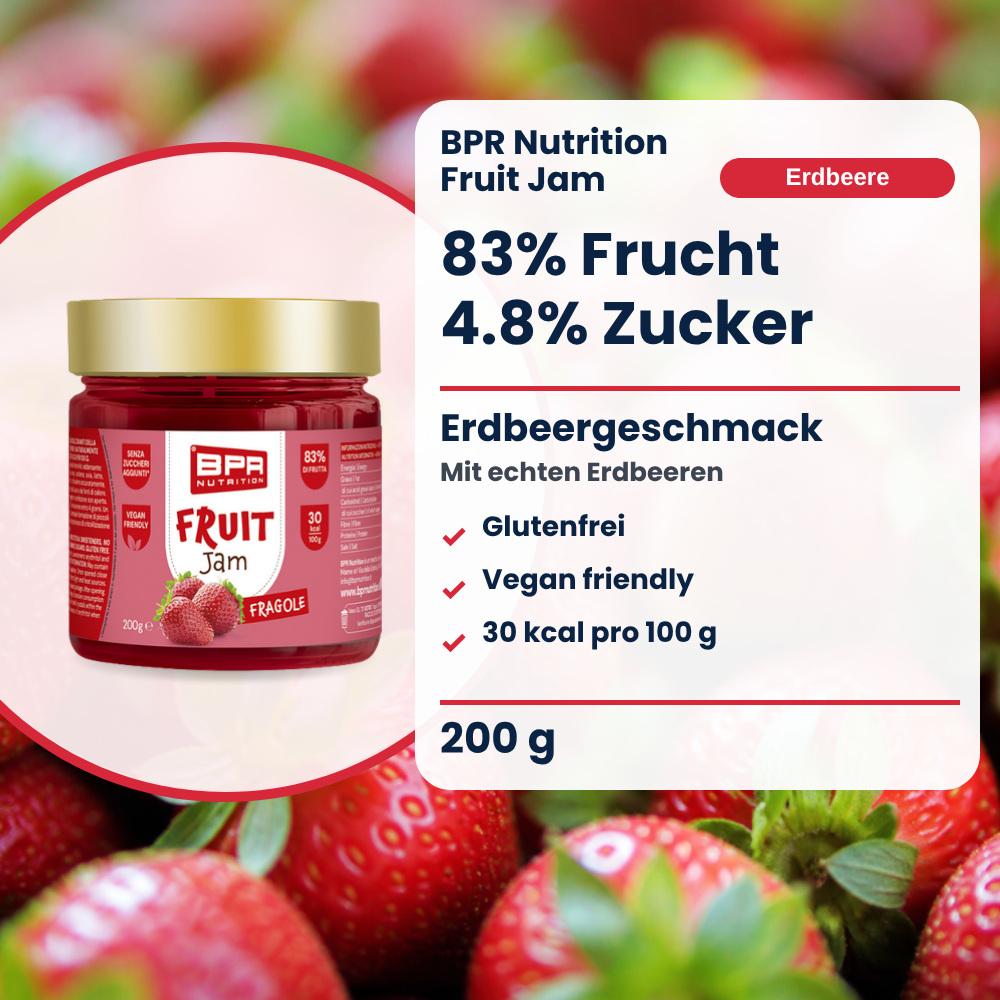 BPR Nutrition Fruit Jam Erdbeere 200 g: 83% Frucht, 4.8% Zucker, glutenfrei, Erdbeergeschmack (DE)