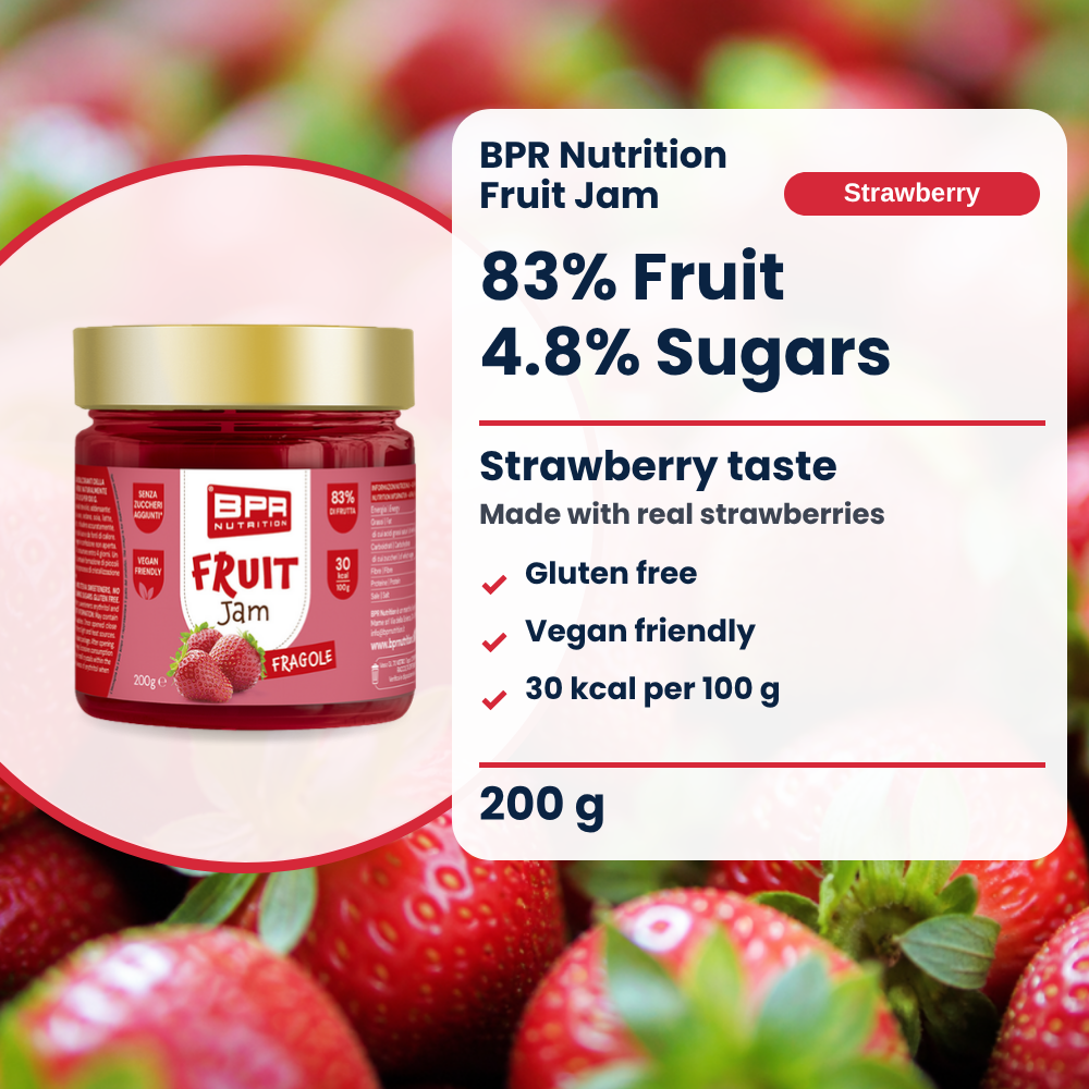 BPR Nutrition Fruit Jam Erdbeere 200 g: 83% Frucht, 4.8% Zucker, glutenfrei, Erdbeergeschmack (EN)