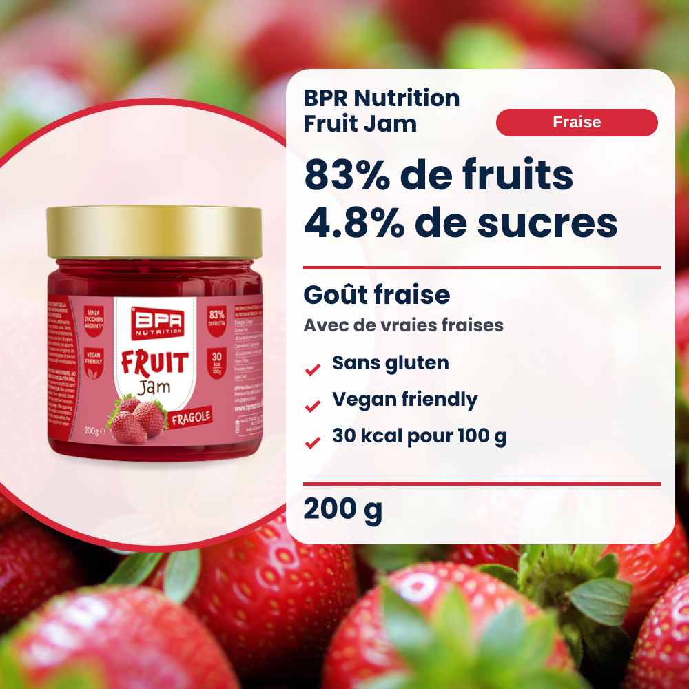BPR Nutrition Fruit Jam Erdbeere 200 g: 83% Frucht, 4.8% Zucker, glutenfrei, Erdbeergeschmack (FR)