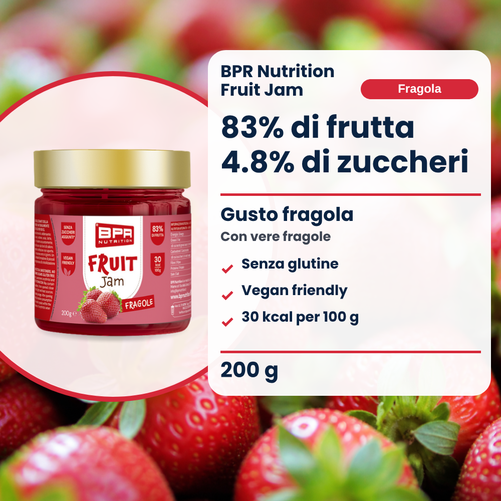 BPR Nutrition Fruit Jam Erdbeere 200 g: 83% Frucht, 4.8% Zucker, glutenfrei, Erdbeergeschmack (IT)