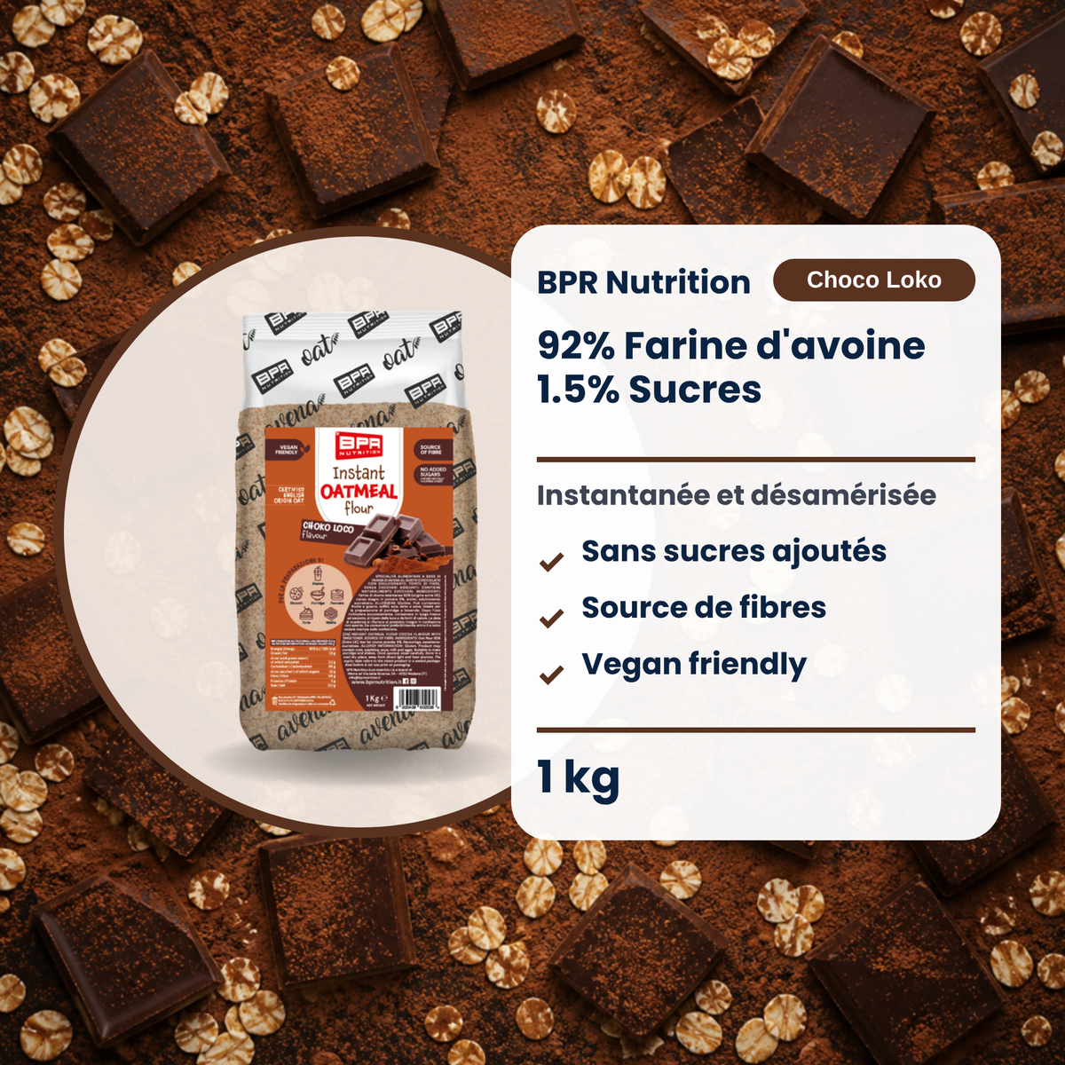 BPR Nutrition Instant Oatmeal Flour Choco Loko 1 kg: 92% Hafermehl, ohne Zuckerzusatz, Ballaststoffquelle, vegan friendly (FR)