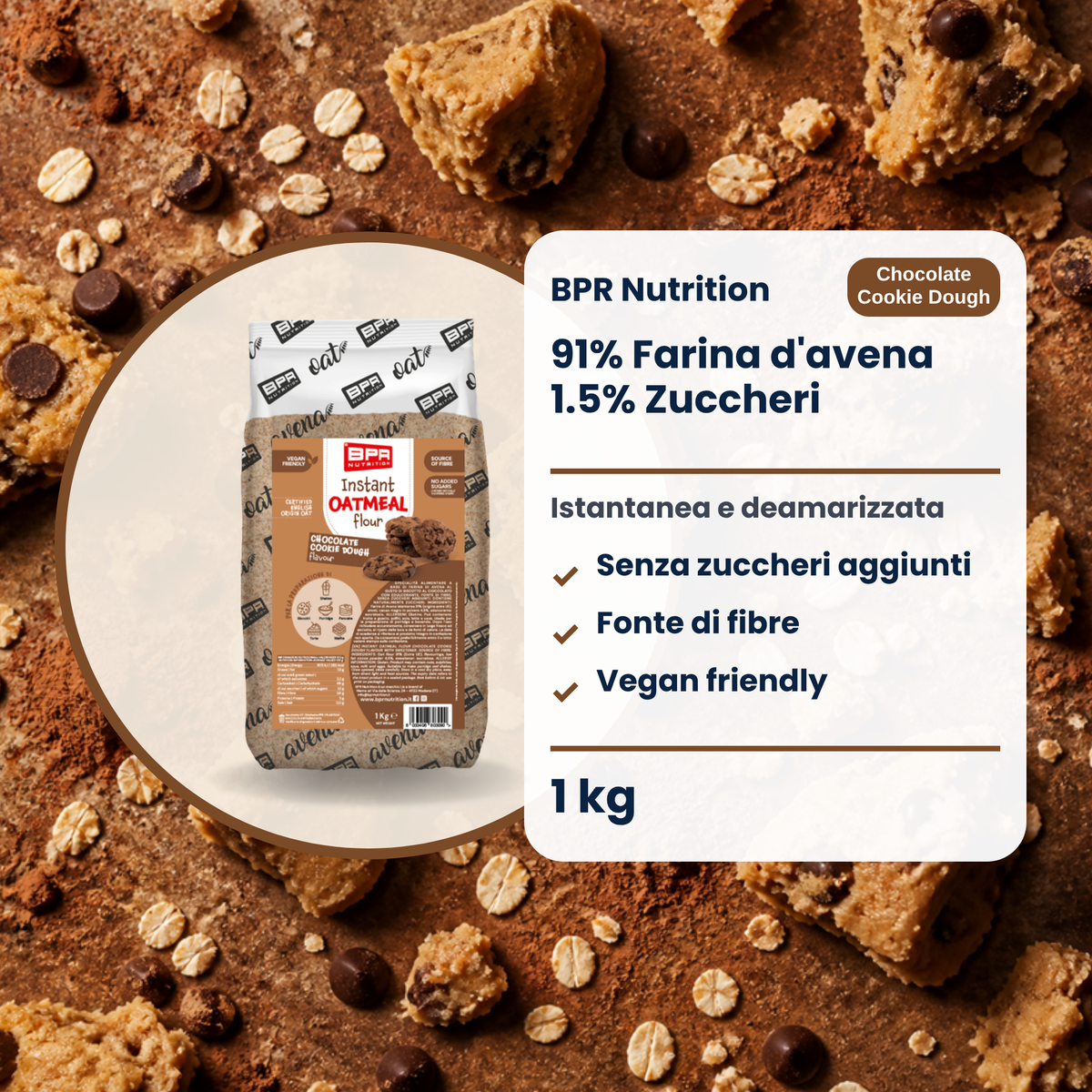 BPR Nutrition Instant Oatmeal Flour Chocolate Cookie Dough 1 kg: 91% Hafermehl, ohne Zuckerzusatz, Ballaststoffquelle, vegan friendly (IT)