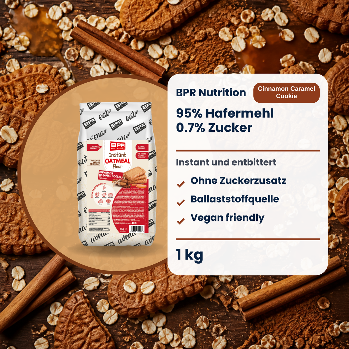 BPR Nutrition Instant Oatmeal Flour Cinnamon Caramel Cookie 1 kg: 95% Hafermehl, ohne Zuckerzusatz, Ballaststoffquelle, vegan friendly (DE)