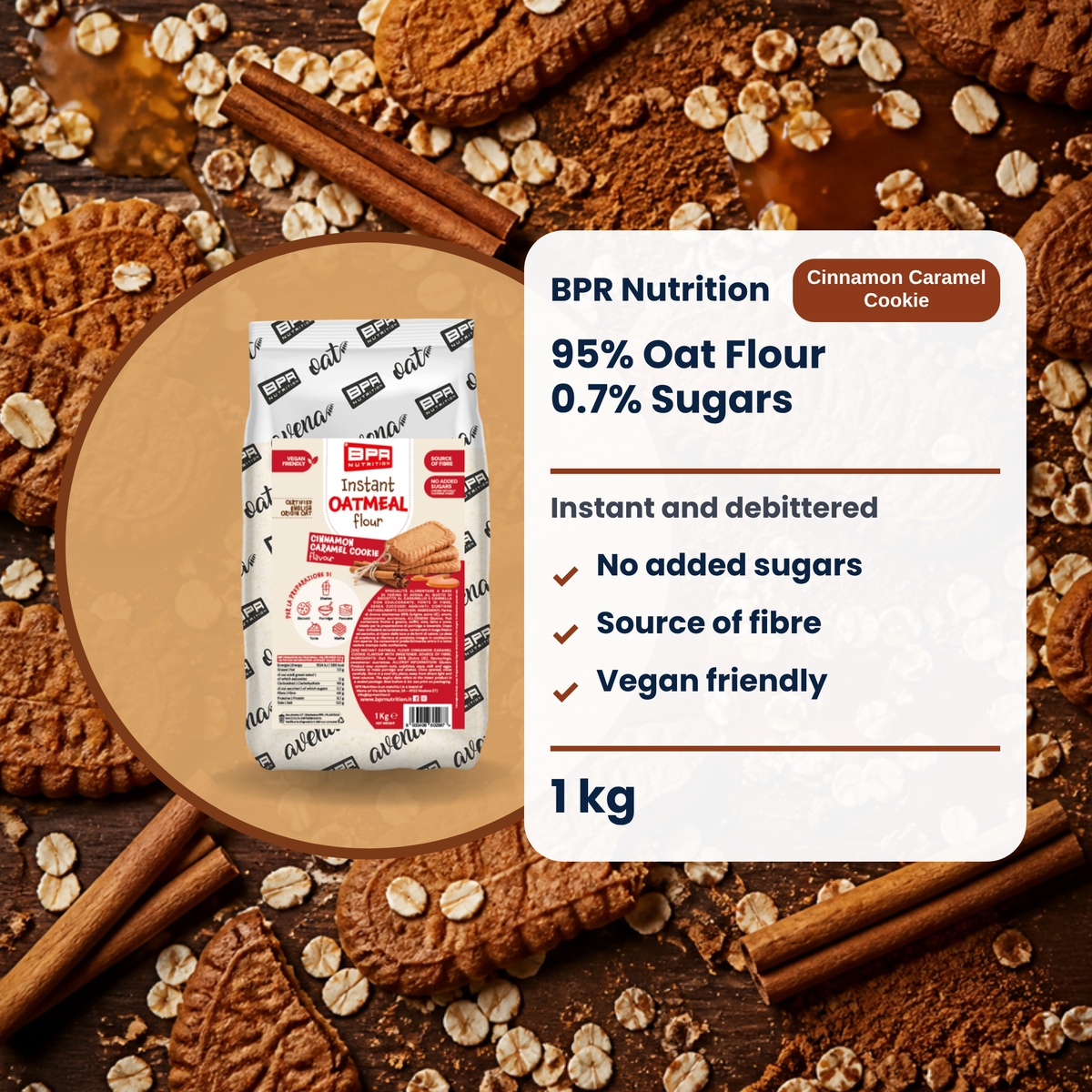 BPR Nutrition Instant Oatmeal Flour Cinnamon Caramel Cookie 1 kg: 95% Hafermehl, ohne Zuckerzusatz, Ballaststoffquelle, vegan friendly (EN)