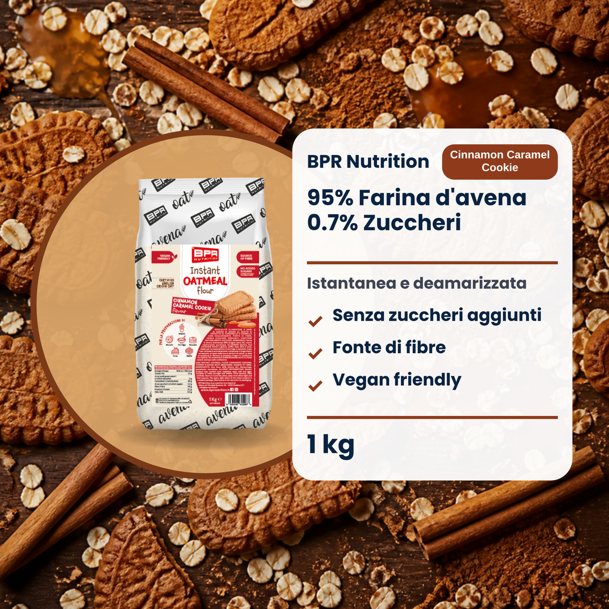 BPR Nutrition Instant Oatmeal Flour Cinnamon Caramel Cookie 1 kg: 95% Hafermehl, ohne Zuckerzusatz, Ballaststoffquelle, vegan friendly (IT)