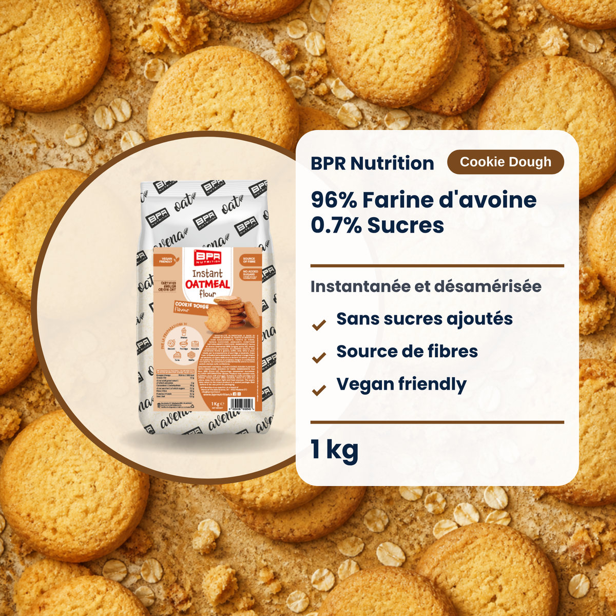 BPR Nutrition Instant Oatmeal Flour Cookie Dough 1 kg: 96% Hafermehl, ohne Zuckerzusatz, Ballaststoffquelle, vegan friendly (FR)