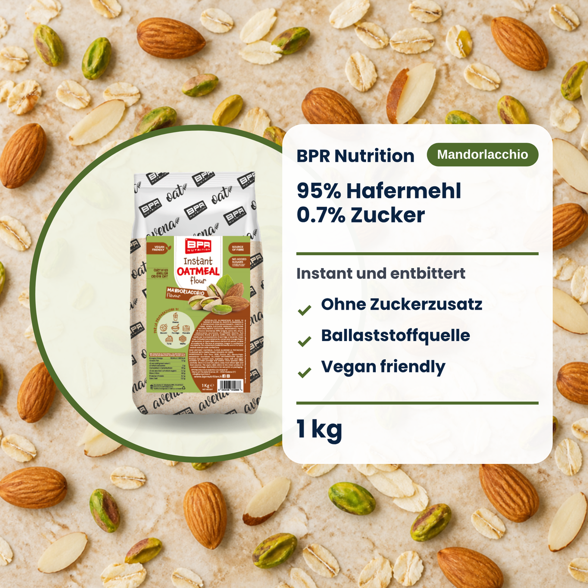 BPR Nutrition Instant Oatmeal Flour Mandorlacchio 1 kg: 95% Hafermehl, ohne Zuckerzusatz, Ballaststoffquelle, vegan friendly (DE)