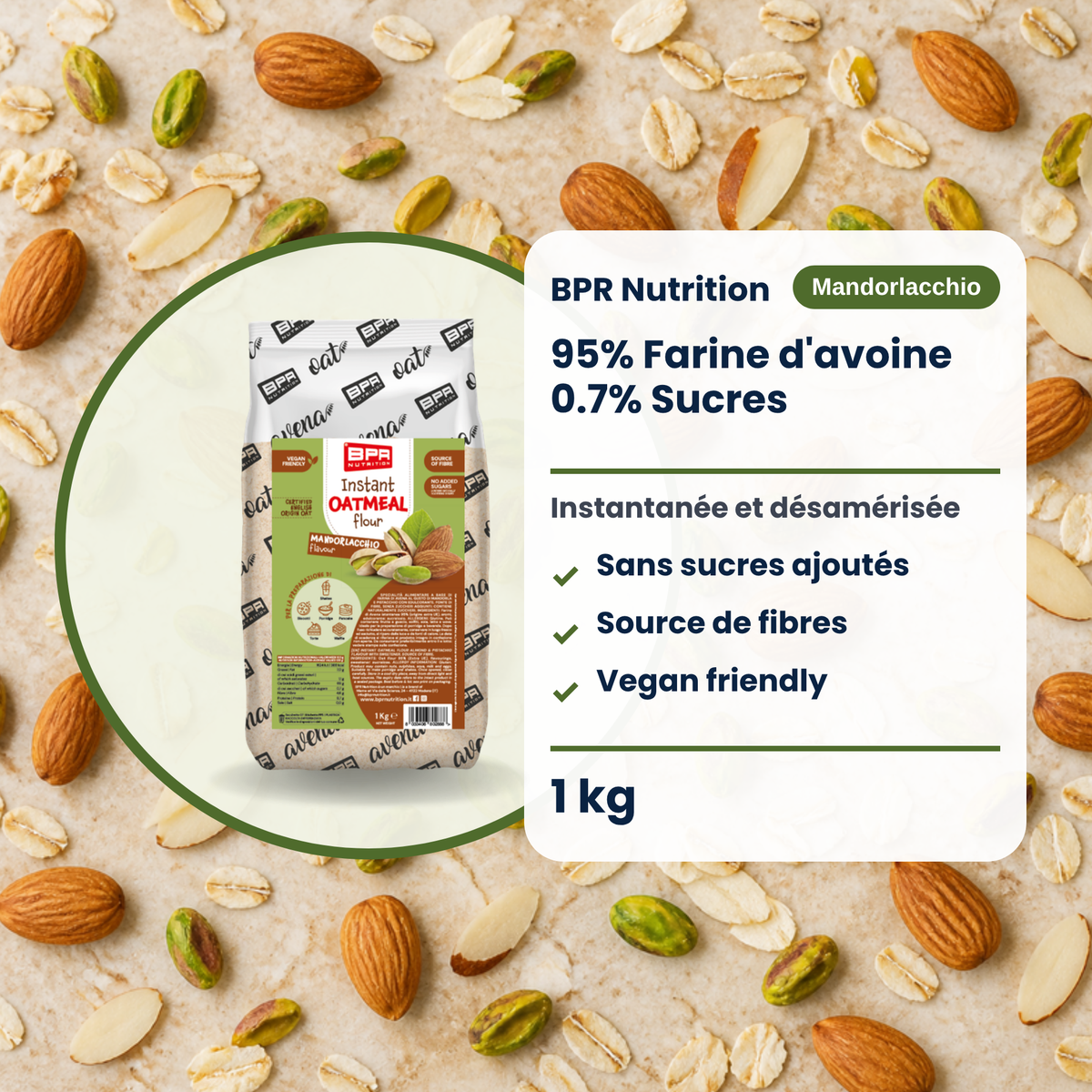 BPR Nutrition Instant Oatmeal Flour Mandorlacchio 1 kg: 95% Hafermehl, ohne Zuckerzusatz, Ballaststoffquelle, vegan friendly (FR)