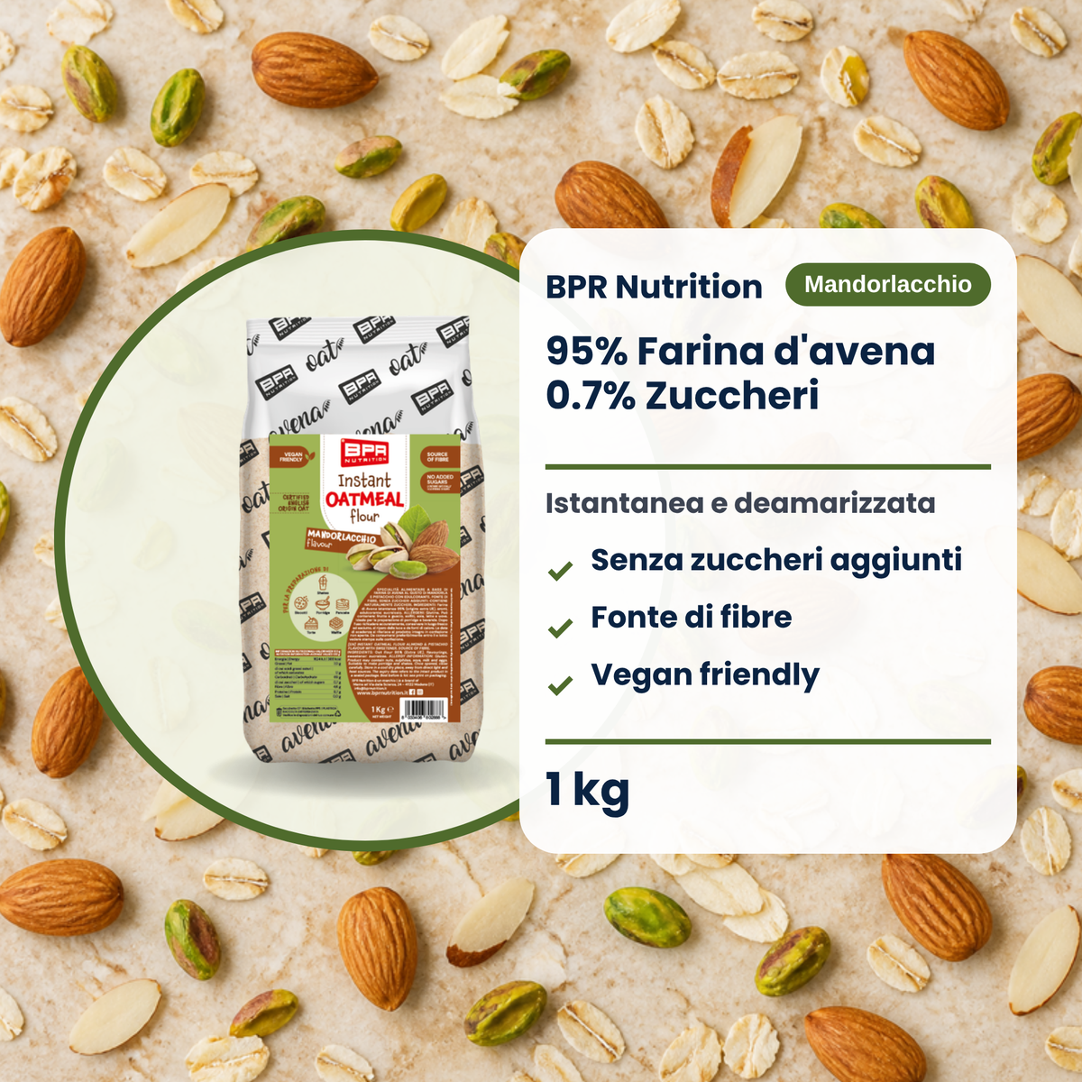 BPR Nutrition Instant Oatmeal Flour Mandorlacchio 1 kg: 95% Hafermehl, ohne Zuckerzusatz, Ballaststoffquelle, vegan friendly (IT)