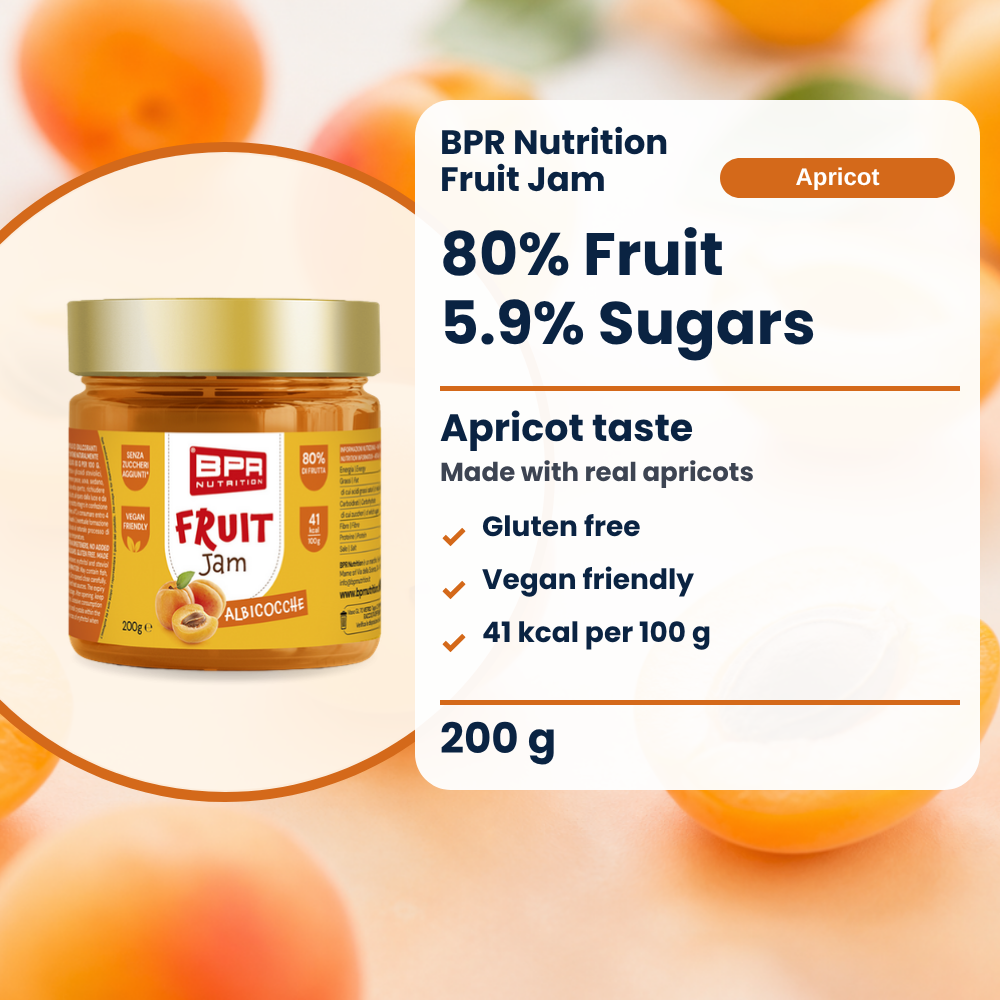 BPR Nutrition Fruit Jam Aprikose 200 g: 80% Frucht, 5.9% Zucker, Aprikosengeschmack, glutenfrei (EN)